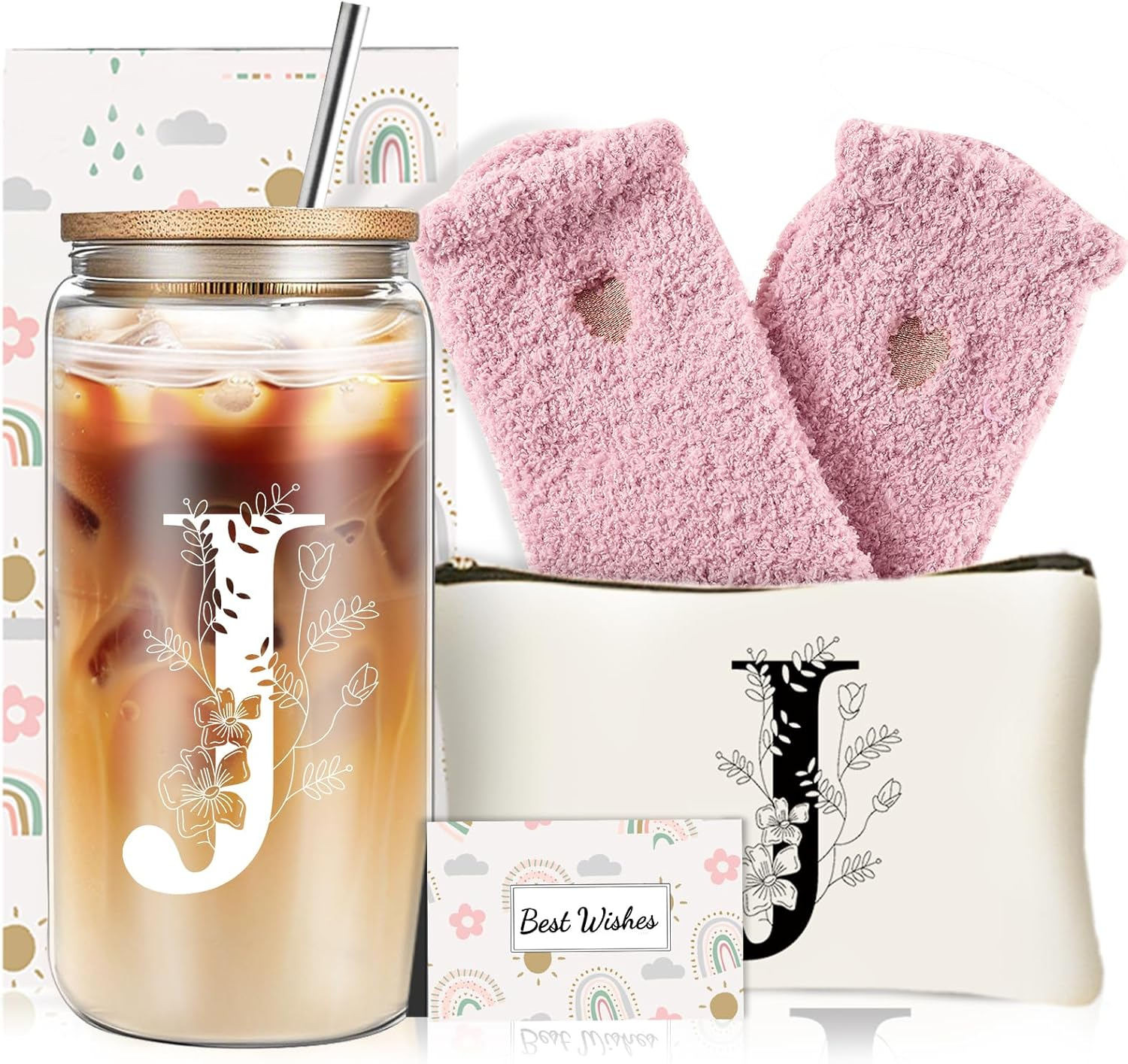 DHQH Personalized Initial Glass Cup with Lids and Straws, Monogrammed Gifts Box Included Ice Coffee Cup Makeup Bag for Her, Christmas Birthday Gifts for Women, R image number 3