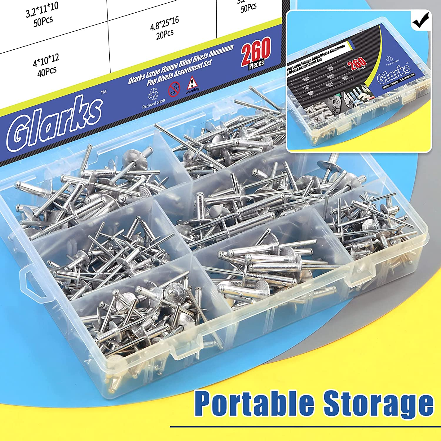Glarks 260Pcs 7 Sizes Large Flange Aluminum Blind Rivets Pop Rivets Assortment Set for Joining Metal Plate Pipe Automotive image number 6