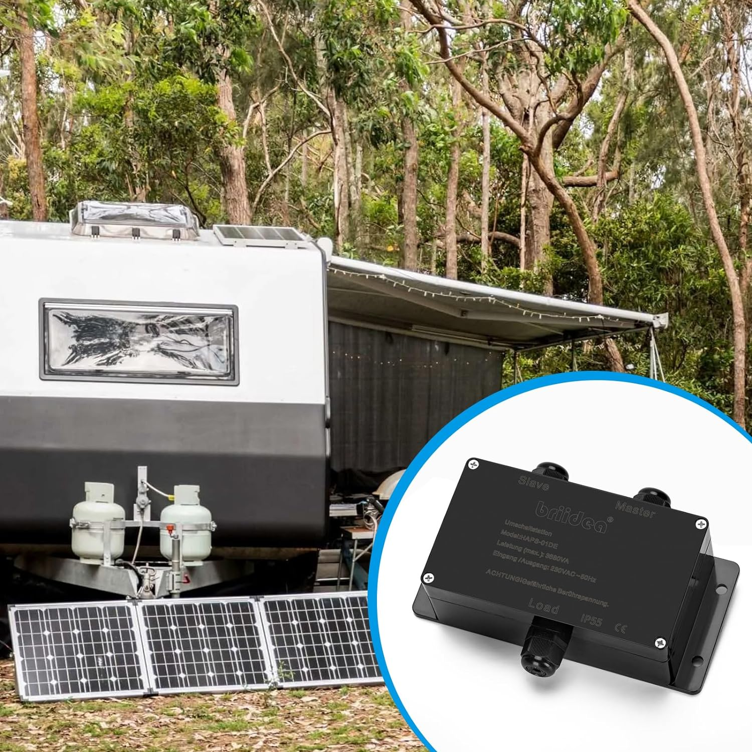 HAPS-01DE-B Switching Station for Mains Priority Switching Briidea Mains Priority Switch Motorhome 16 a 230 V, Switching Station 16 a for Camping Shore Power Inverter, Car, Boat, Outdoor, Solar, Black - Black image number 6