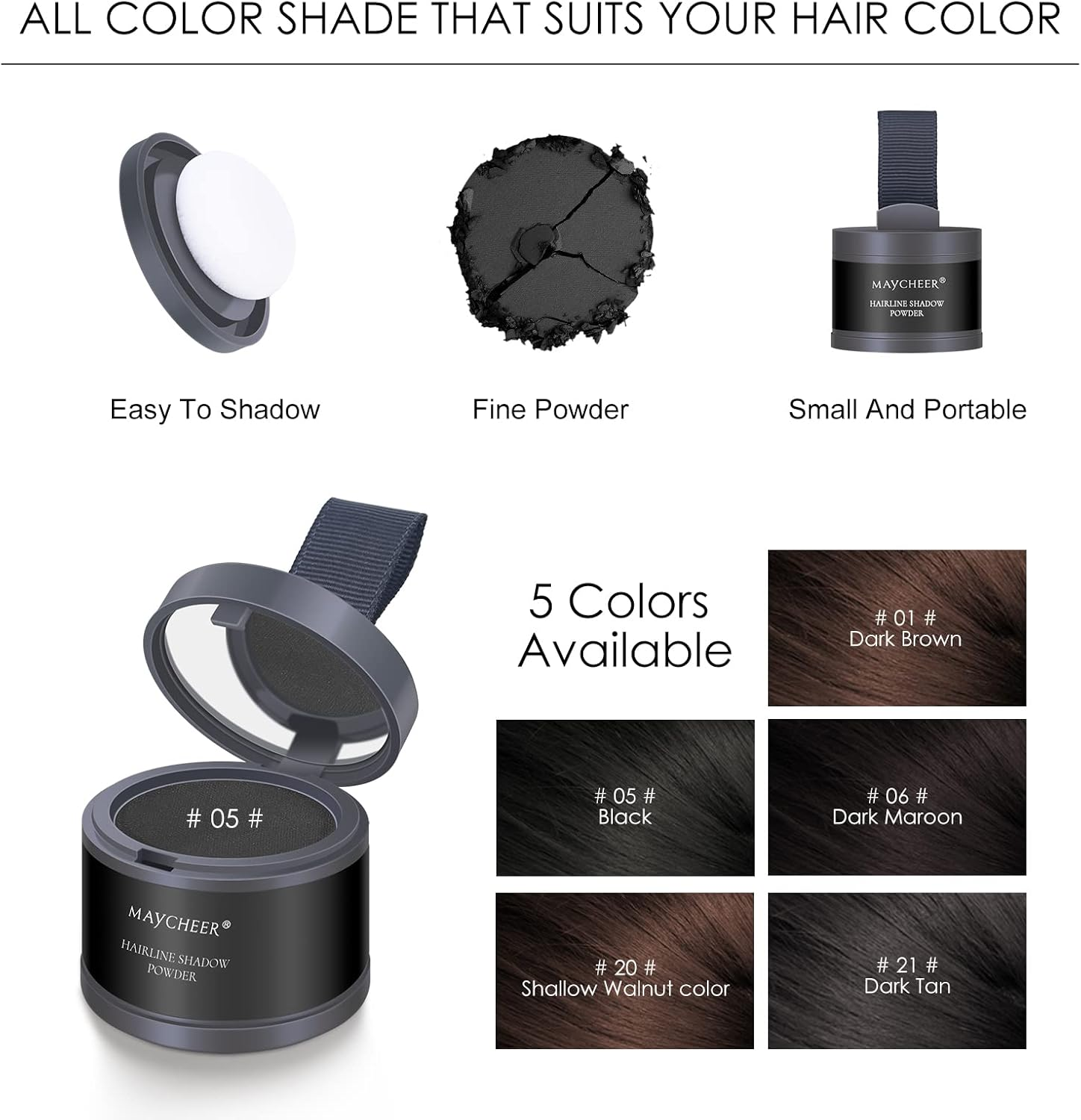 FREEORR 2Pcs Root Touch up Hair Powder, Hairline Shadow Powder for Thinning Hair and Gray Coverage #05 Black - 1 Pack Of Dark Maroon image number 6