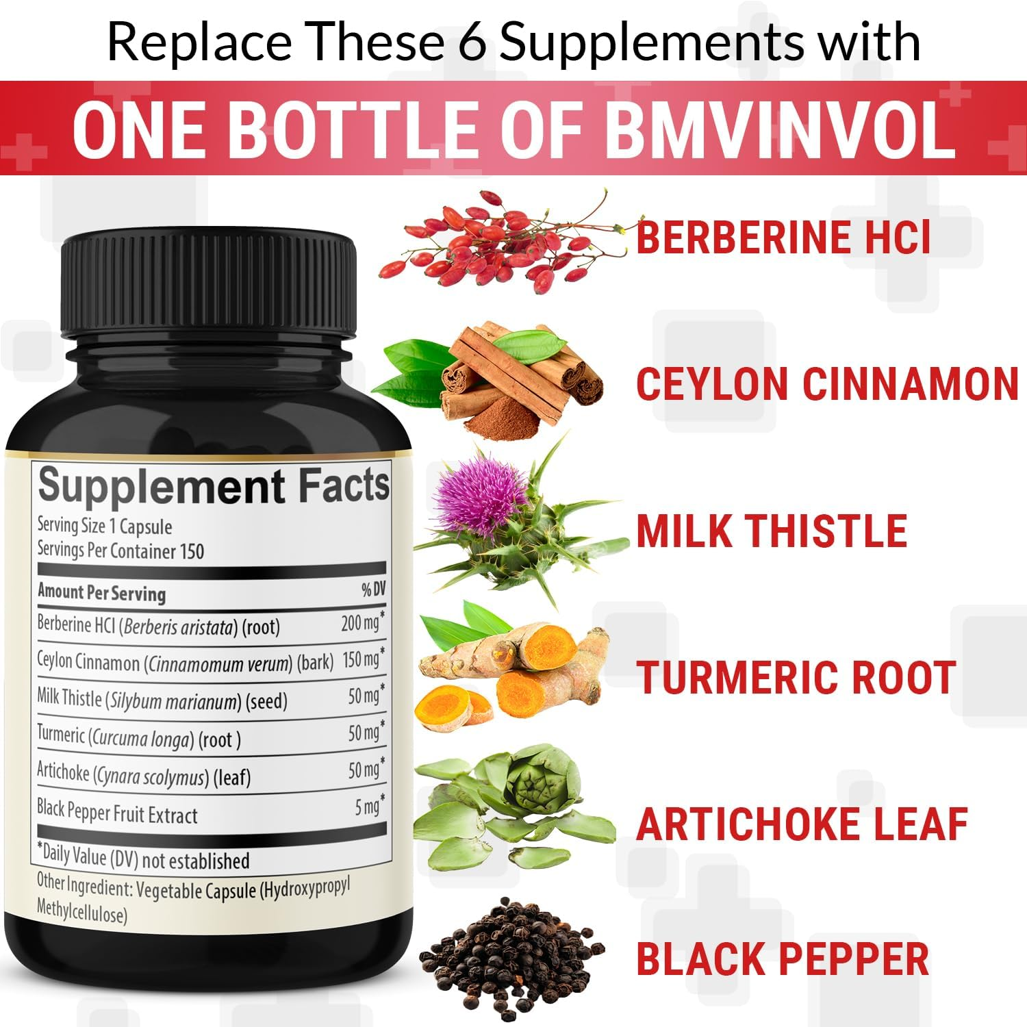 Berberine with Ceylon Cinnamon, Turmeric, Milk Thistle, Artichoke, Black Pepper - 150 Count - Pack of 1 image number 3