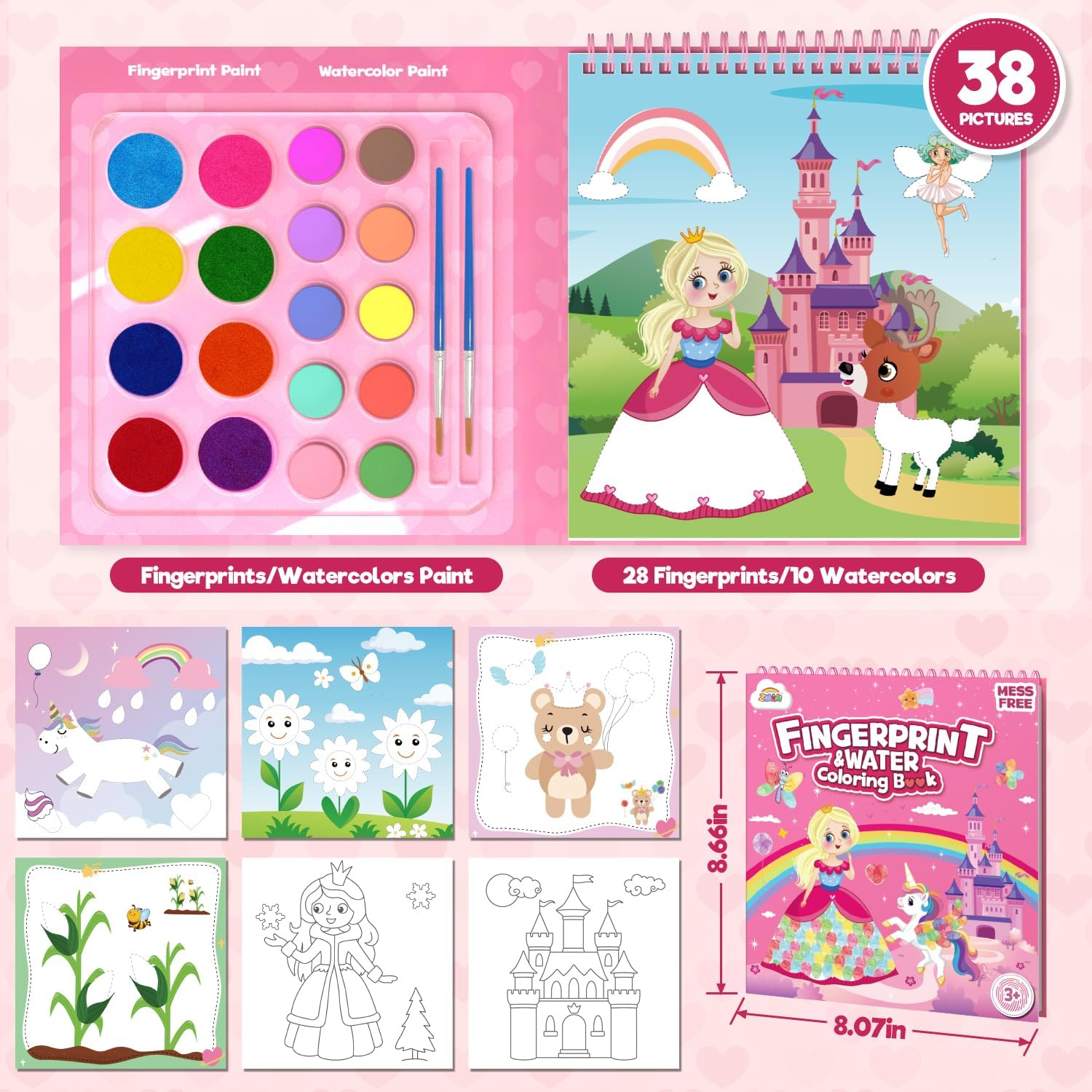 ZMLM Fingerprint Water Coloring Book for Kids - Mess Free Watercolor Paint Activity Kit for Toddler Ages 4 5 6 7 8-Magic Finger Painting Set Arts Crafts Toy for Girls Travel Birthday Gift image number 2