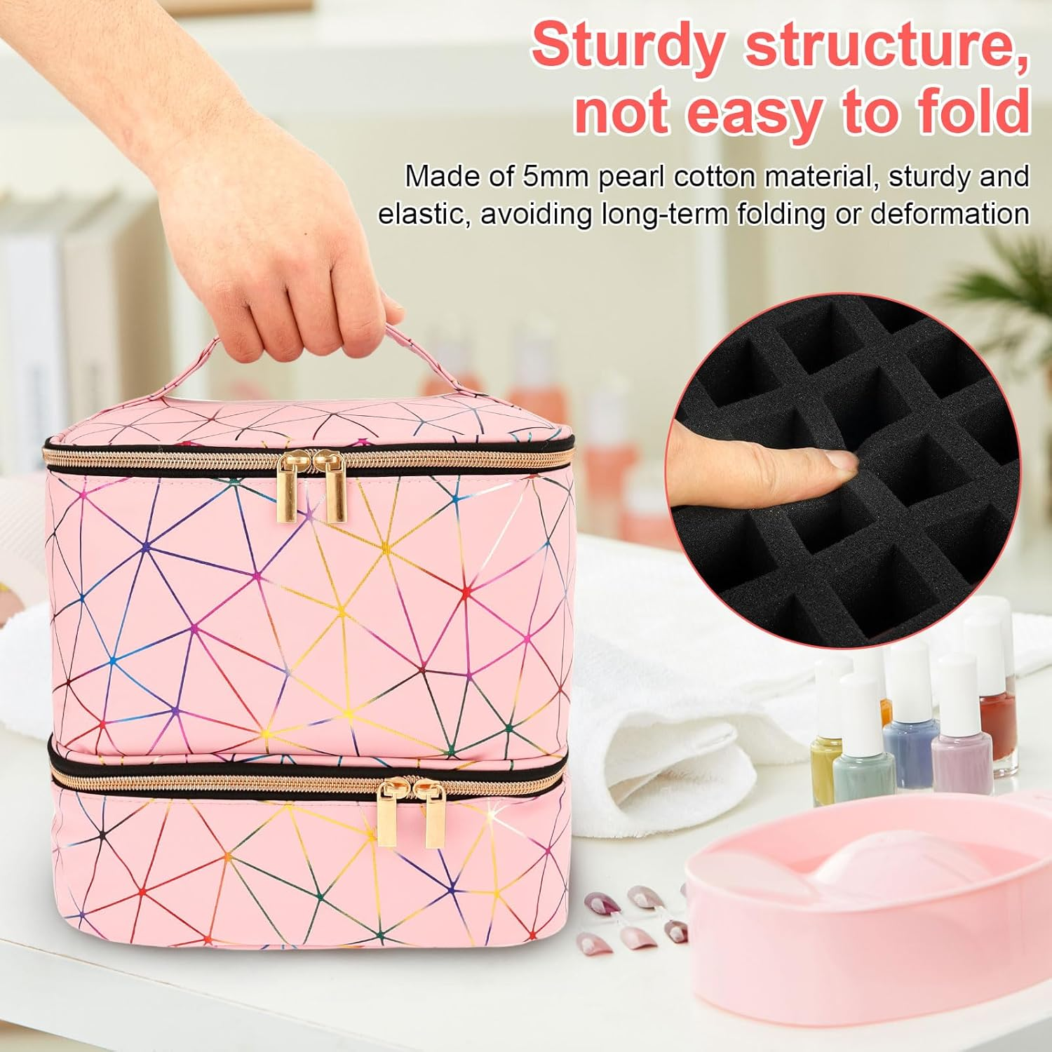 UKQRRTC Holographic Nail Polish Organizer Bag, Zipper Closure, Double Layers Nail Supplies Storage Box for Home Travel Salon image number 6