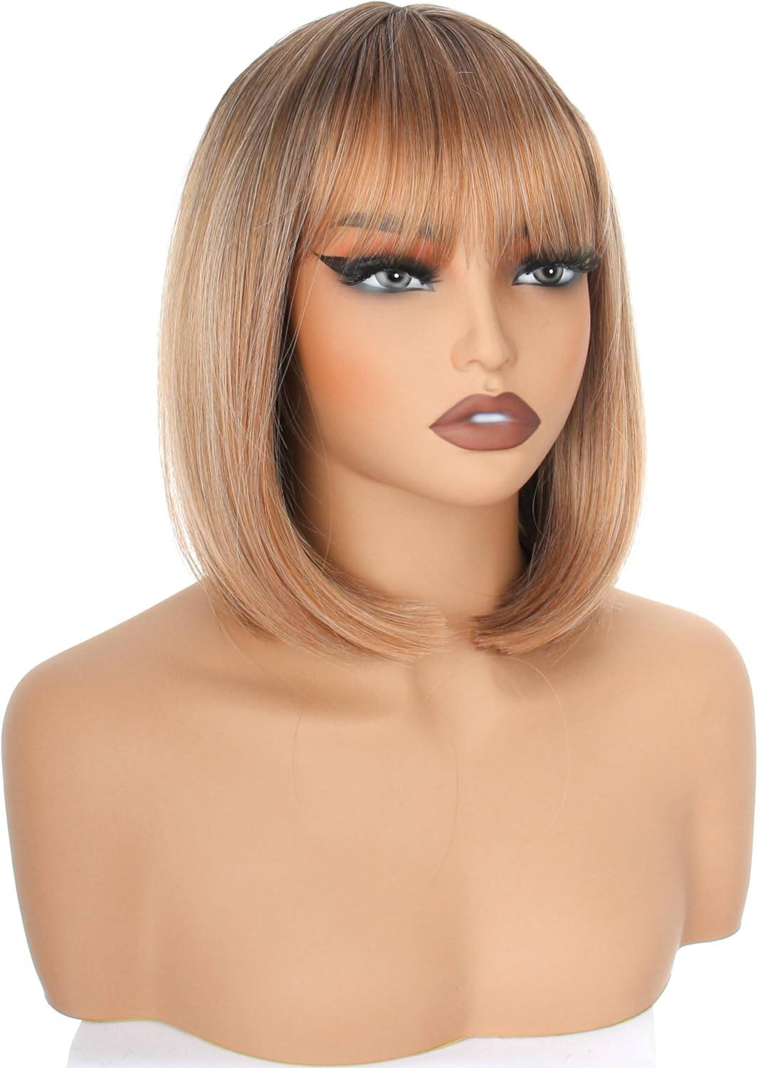 YEESHEDO Women'S Short Bob Wigs Straight with Flat Bangs Colorful Hair for Cosplay Party Halloween Costume Replacement Wig for Girls 12" (Blonde Ombre) - Black image number 3