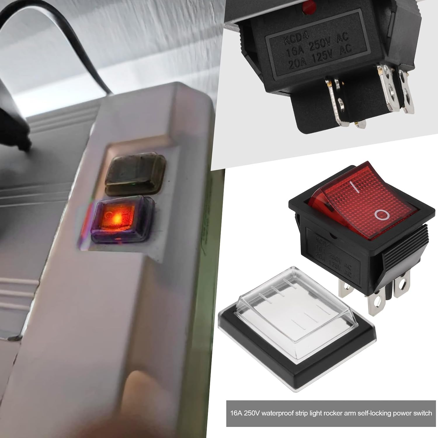 Emagtech 4Ocs 16A 250V Waterproof Rocker Arm Self Locking Power Switch 4Pin 2 Position Switch with Dust Cover LED Light Toggle Switch for Car and Vessel Red and Black image number 2