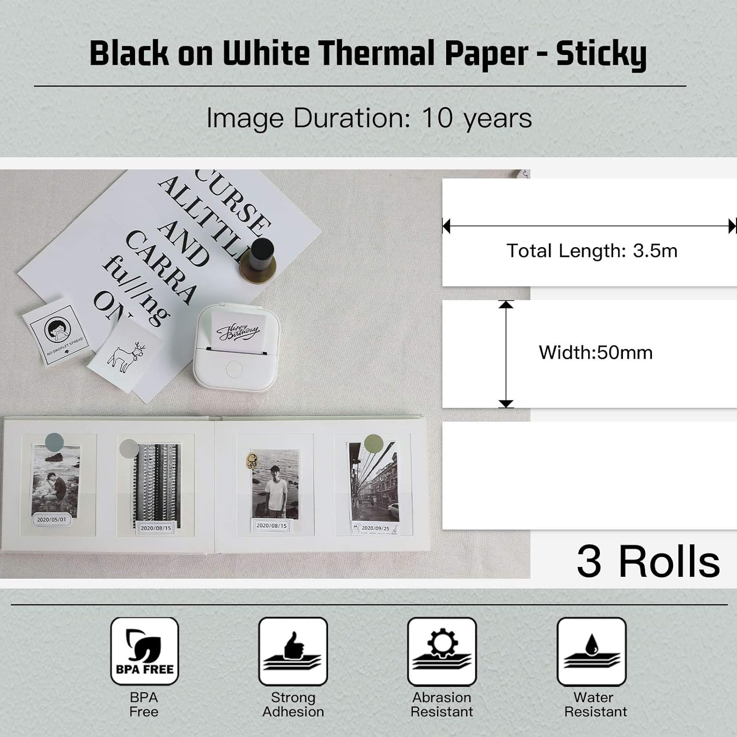 Memoking T02/M02X/M02L White Thermal Paper-10-Year Sticky 50Mmx3.5M for Journal Photo Texts Study Notes and More, 3 Rolls - Clear image number 7