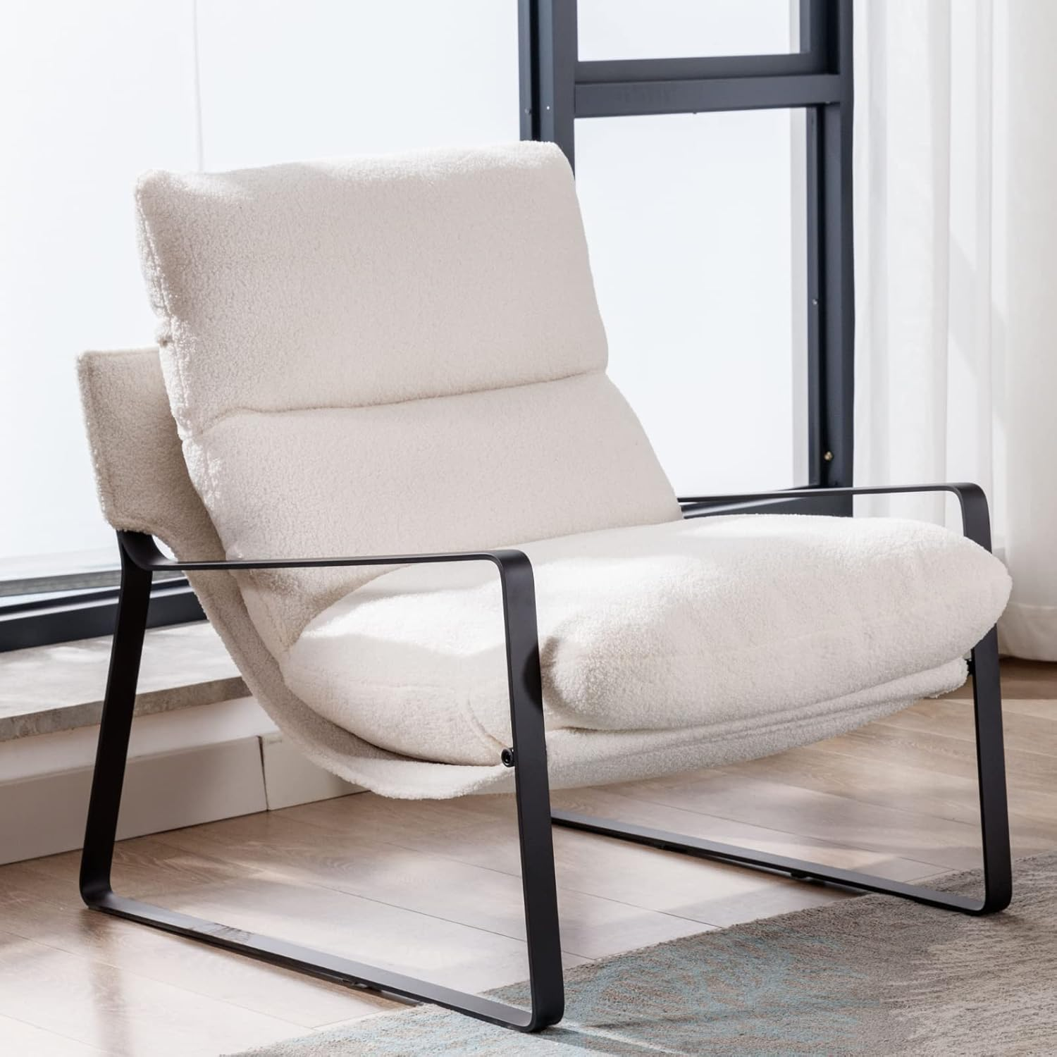 Mid-Century Sling Accent Chair: Comfy PU Leather Side Chair with Armrest - Upholstered Leisure Chair with Black Metal Frame - Living Room Bedroom Reception Room - White