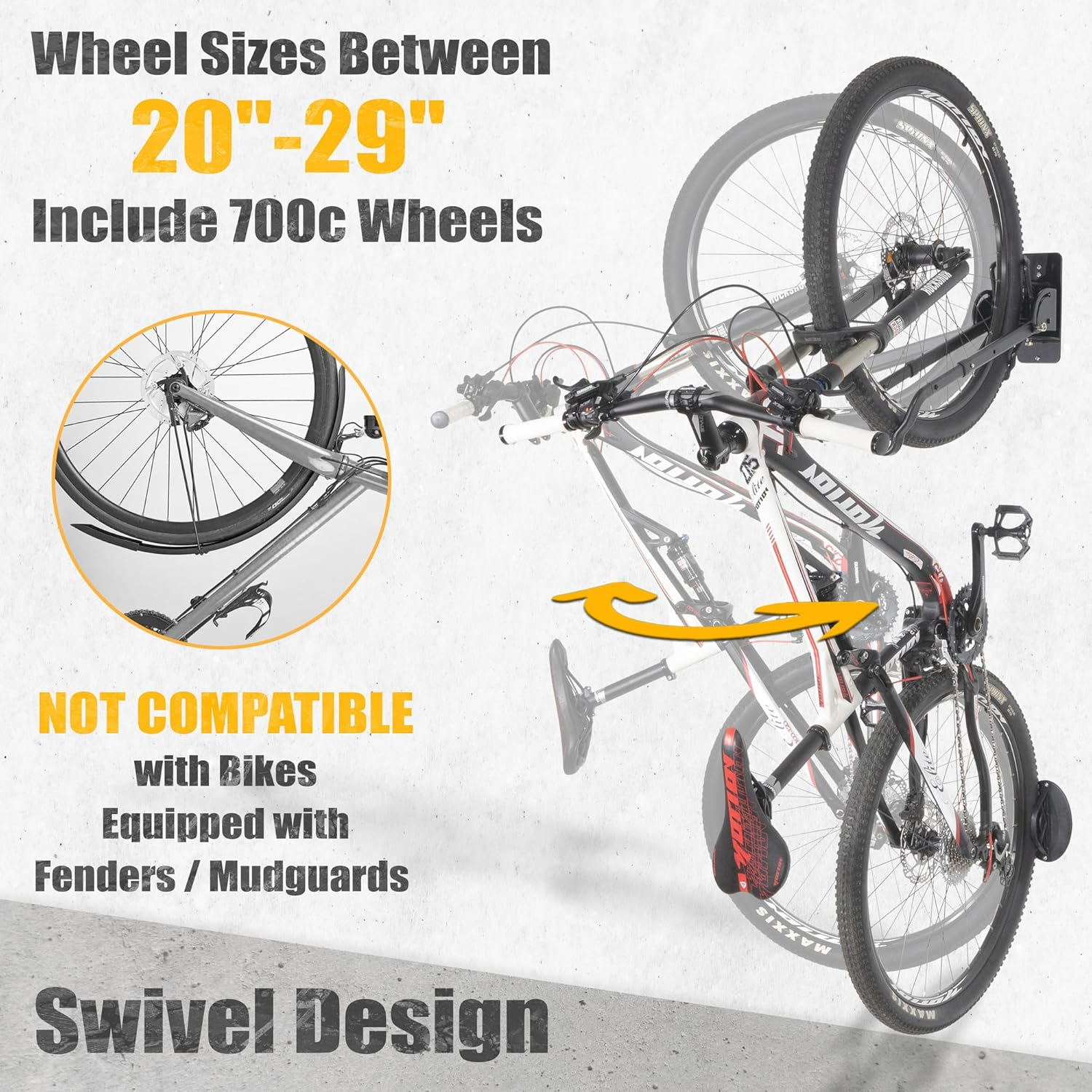 Cyclingdeal Swivel Bike Wall Mount Rack - Vertical Adjustable Foldable with Wheel Holder - for 20"-29" MTB 700C Road Bikes Max Tire Width 2.4" image number 2