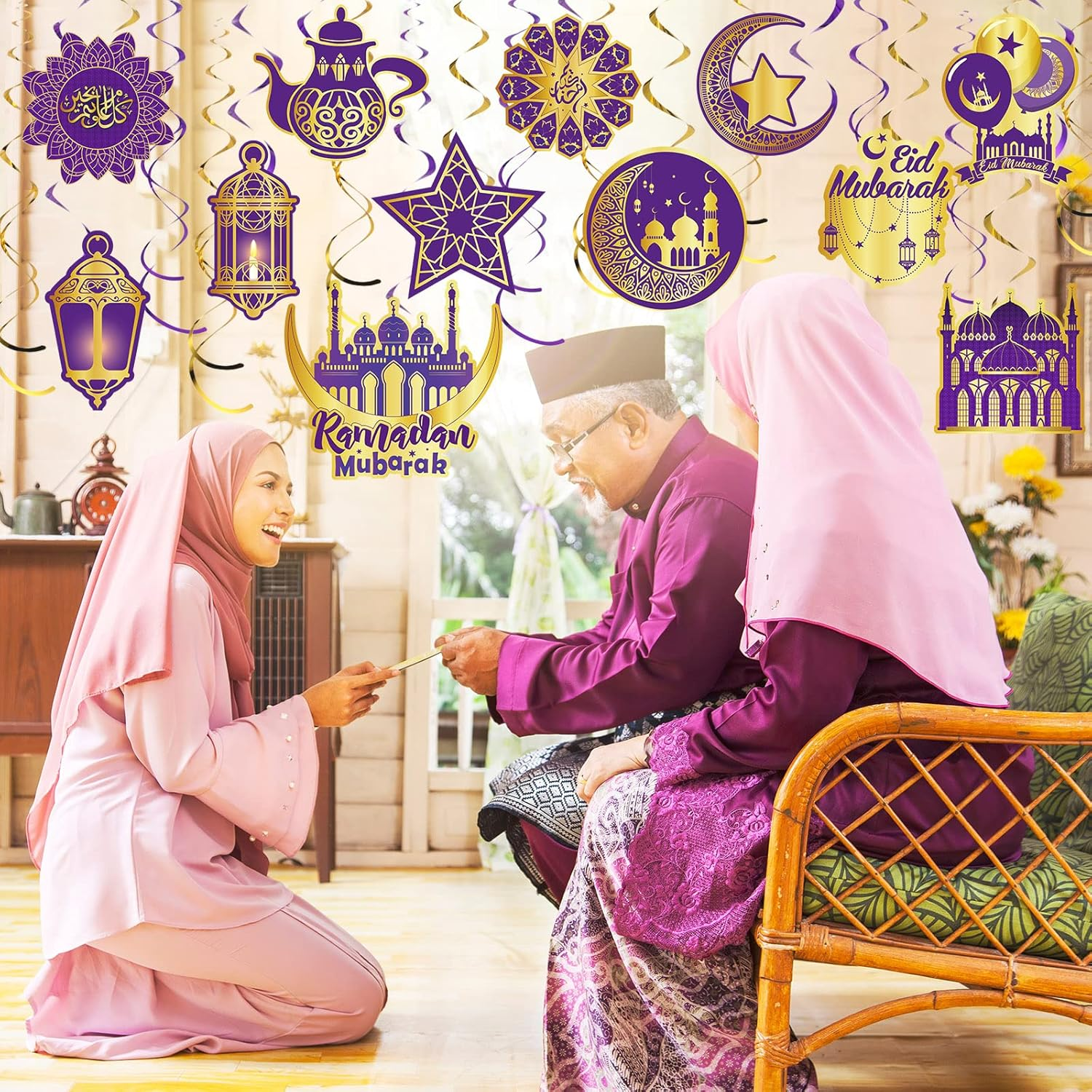 Zonon 30 Pieces Ramadan Mubarak Decorations, Eid Mubarak Hanging Swirl Shining Gold Star Moon Lantern Ceiling Foil Decor for Eid Al-Fitr Party Egyptian Holiday Supplies(Purple and Gold) - Gold, Blue image number 2