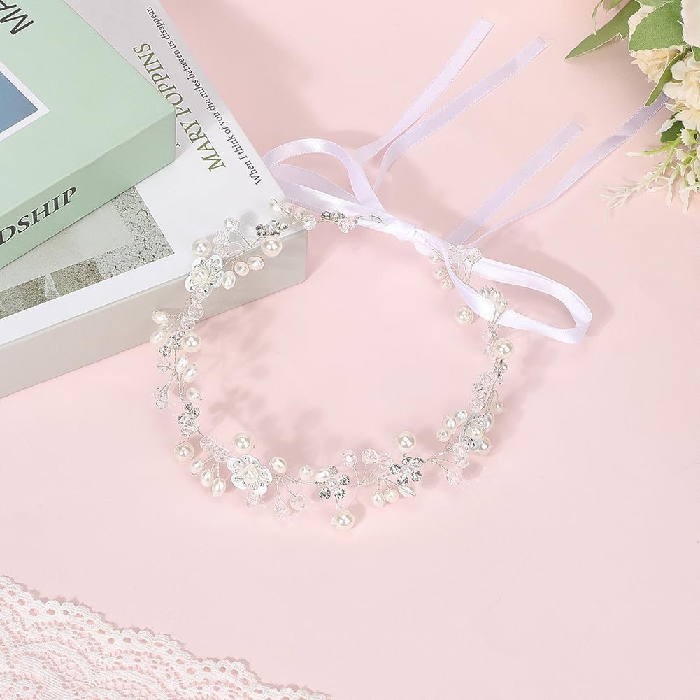 CABODYALS White Flower Pearls Hair Crown Silver Beads Vines Headpiece Vintage Boho Fairy Beads Headband Crystal Bridal Jewellery Headbands for Women Wedding Hair Dresses Birthday Party Accessories image number 1