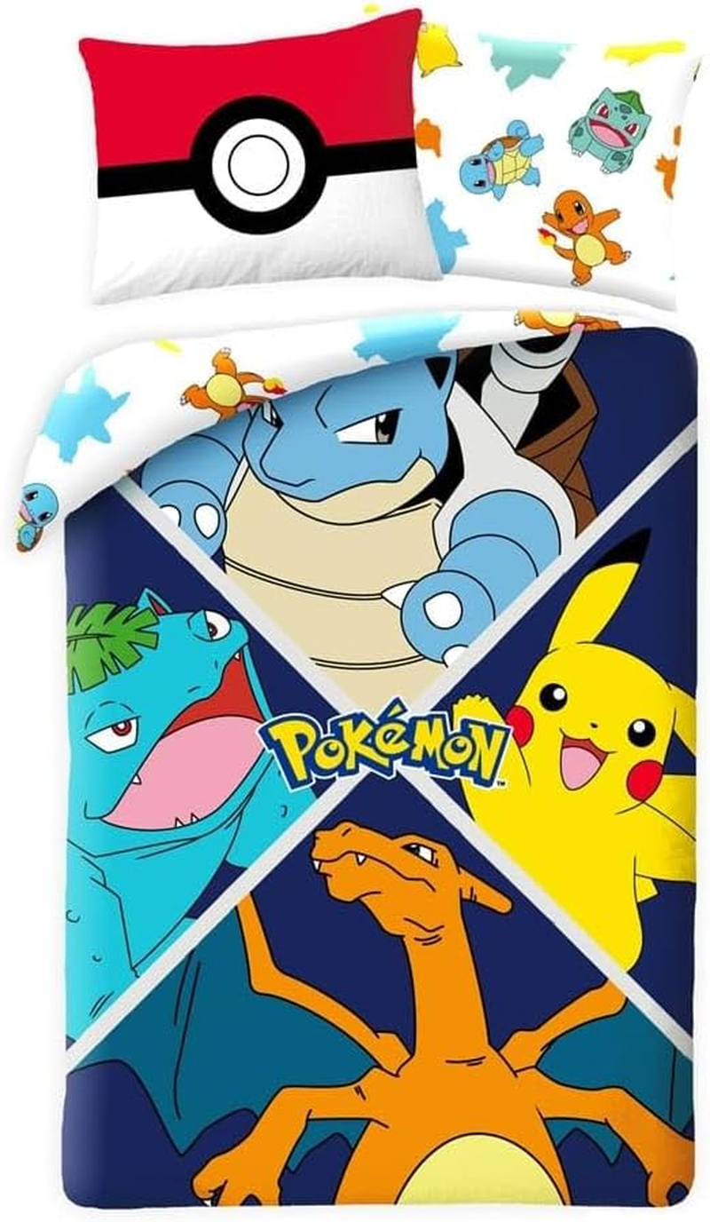 Halantex Pokemon &Eacute;volution Children'S Reversible Duvet Cover 140 X 200 Cm + Pillowcase Pikachu, Turtok (Carapuce), Glurak (Glumanda) and Florisaur (Bulbizarre) POK611
