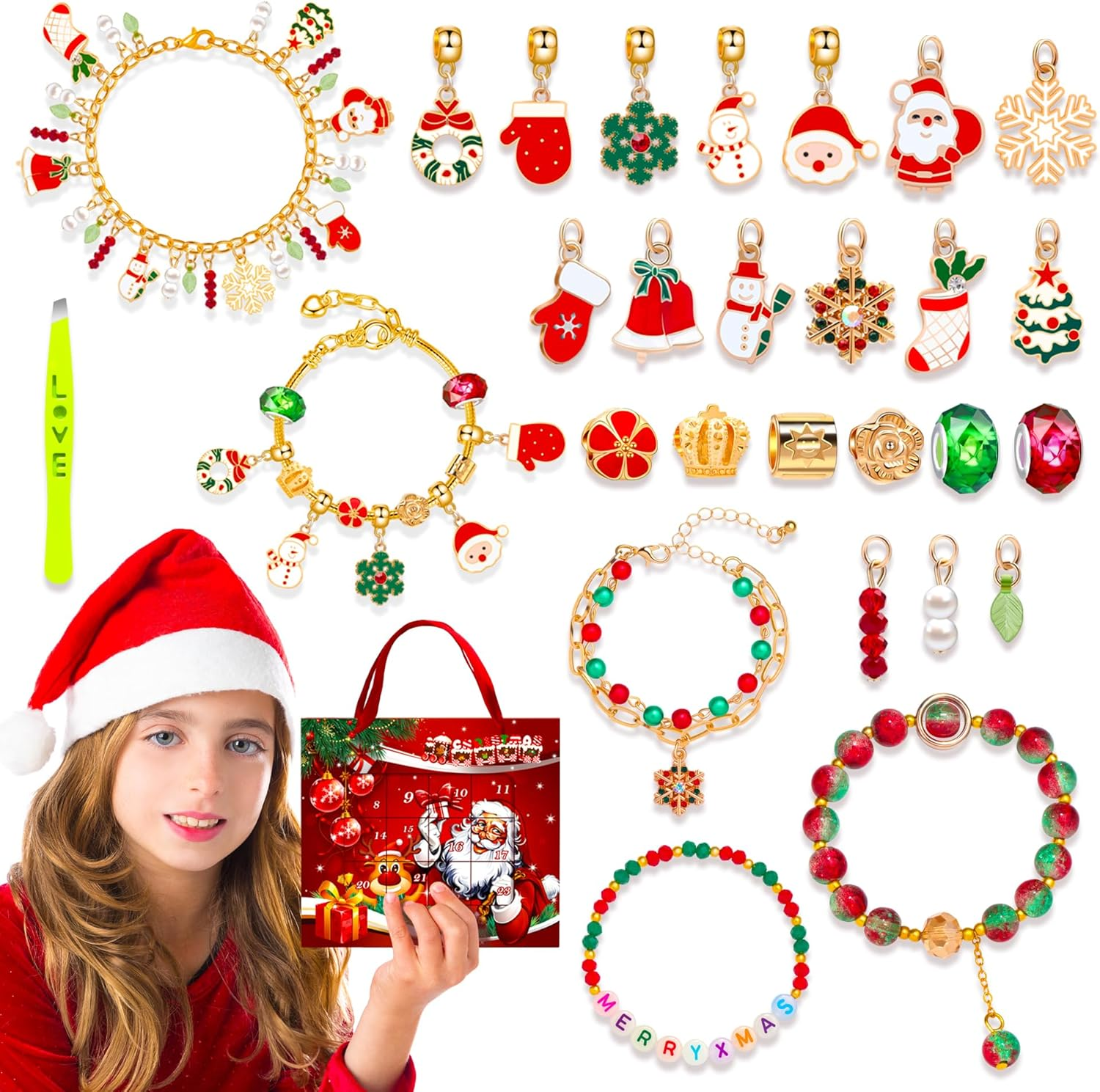 Wimarn Bracelet Making Kit for Girls,Christmas DIY Jewelry Sets with Beads Charms Bracelets & Necklace String, DIY Crafts Supplies Kits Gifts for Young Girls & Kids (24Pcs Christmas Elk & Gift Box) image number 5