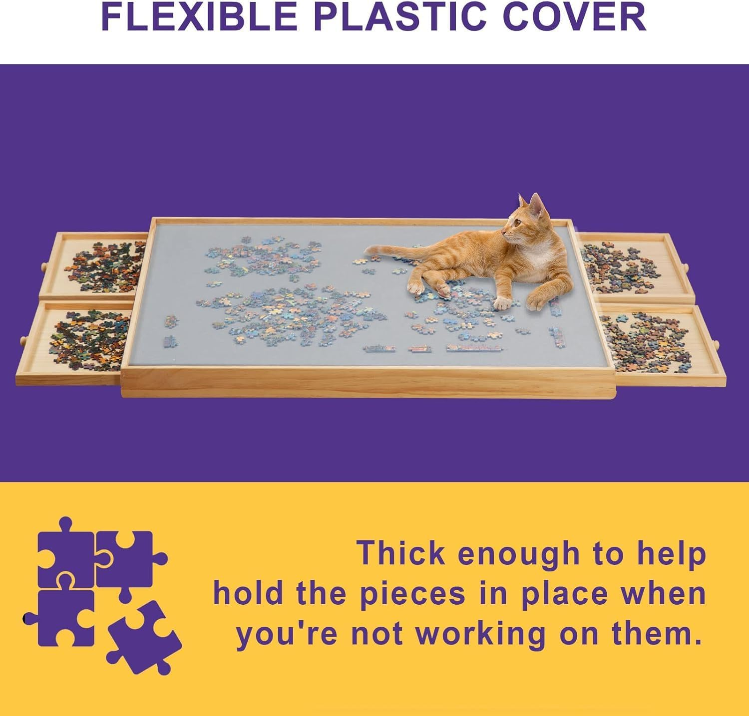 TEAKMAMA 1500 Piece Rotating Jigsaw Felt Puzzle Board with 4 Drawers & Cover, 34.2&rdquo; X 26'' Wooden Table, Lazy Susan Design for Adults and Kids Portable image number 4