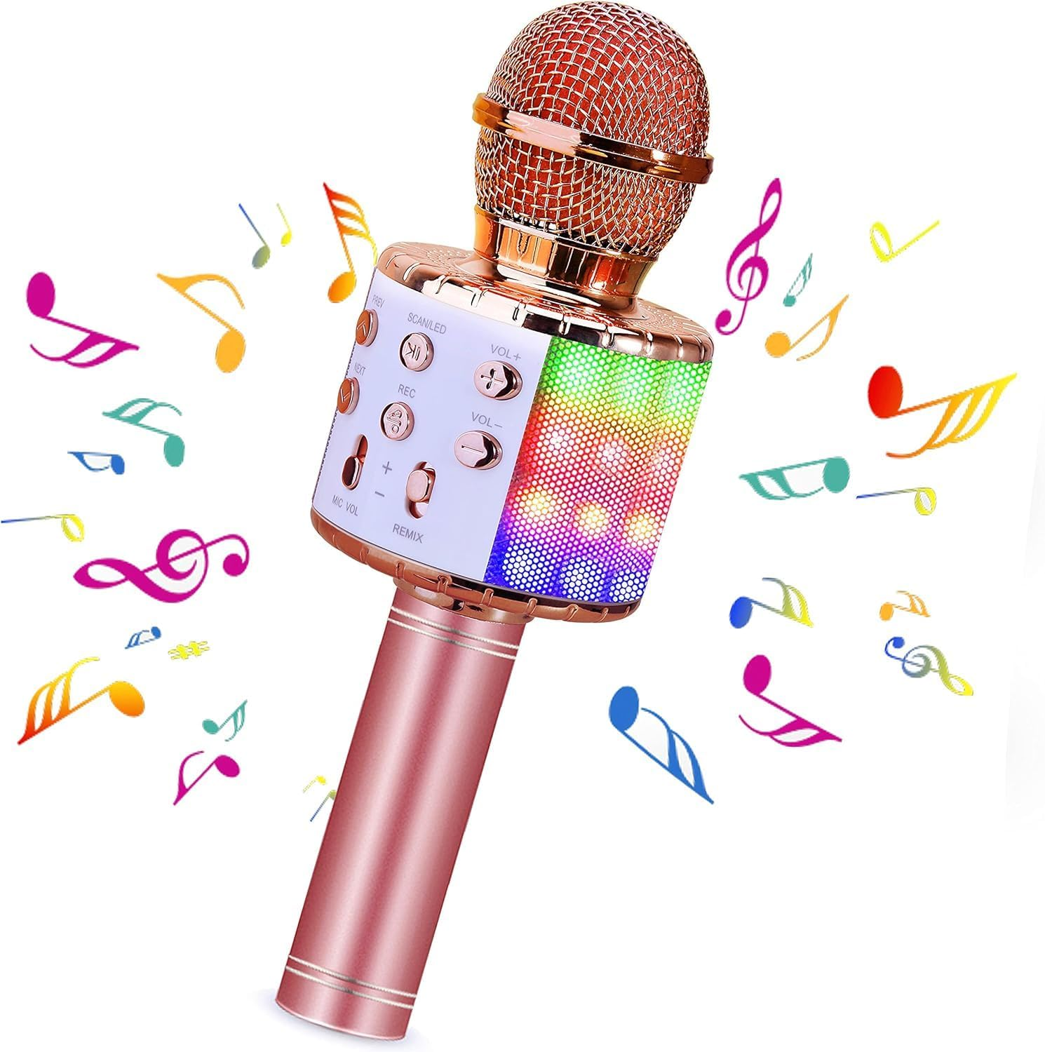 Wireless Karaoke Microphone, 5 in 1 Portable Handheld Bluetooth Microphone for Kids Adults with LED Lights, Professional Karaoke Mic Speaker Player Recorder for Phone/Android/Tv (Pink)