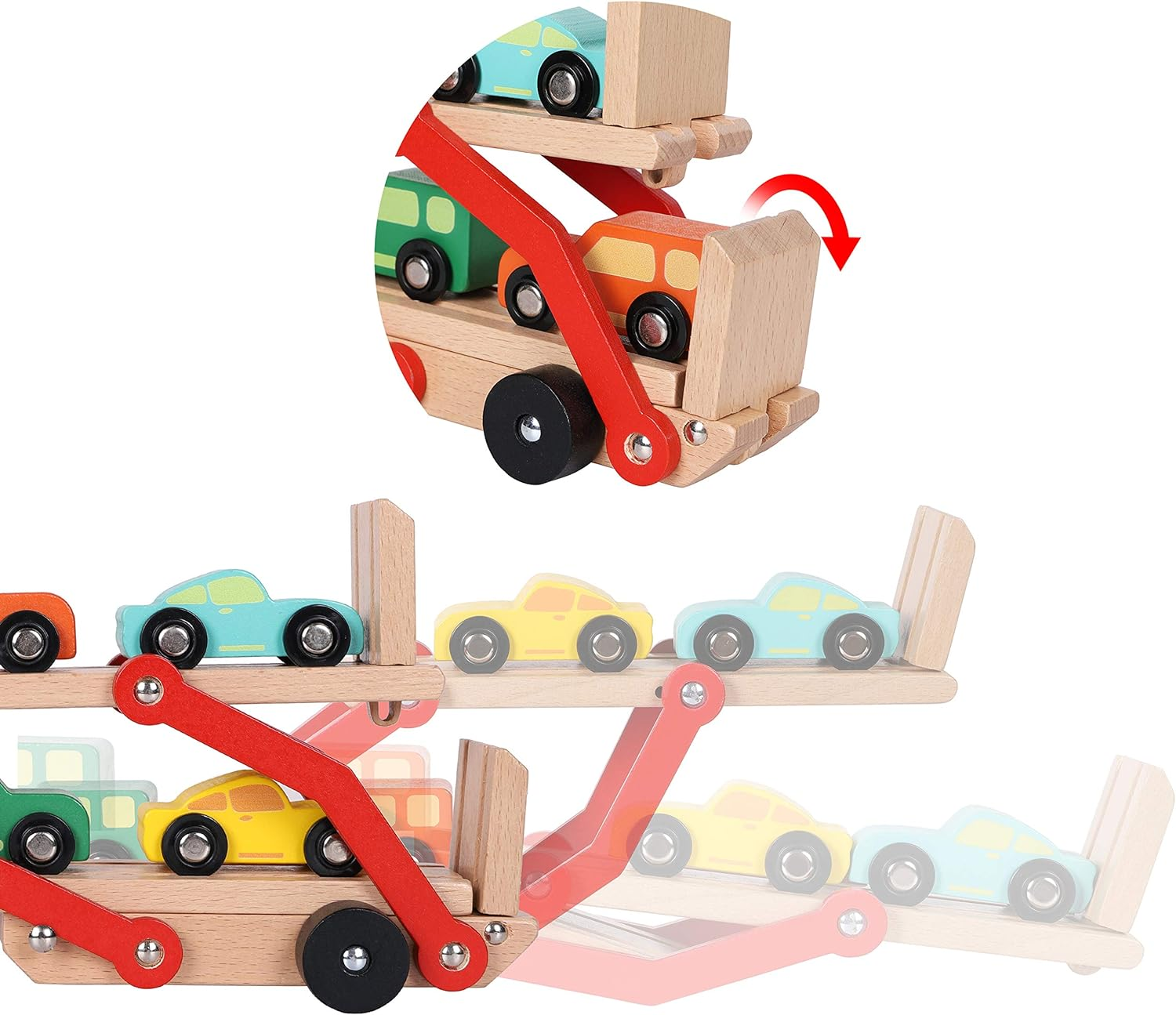 TOWO Wooden Car Transporter Toy Double Decker Trailer with 4 Cars Ramp Racer - Wooden Car Toy Truck Carrier for 3 Years Old Boys Vehicle Toys for Kids image number 1