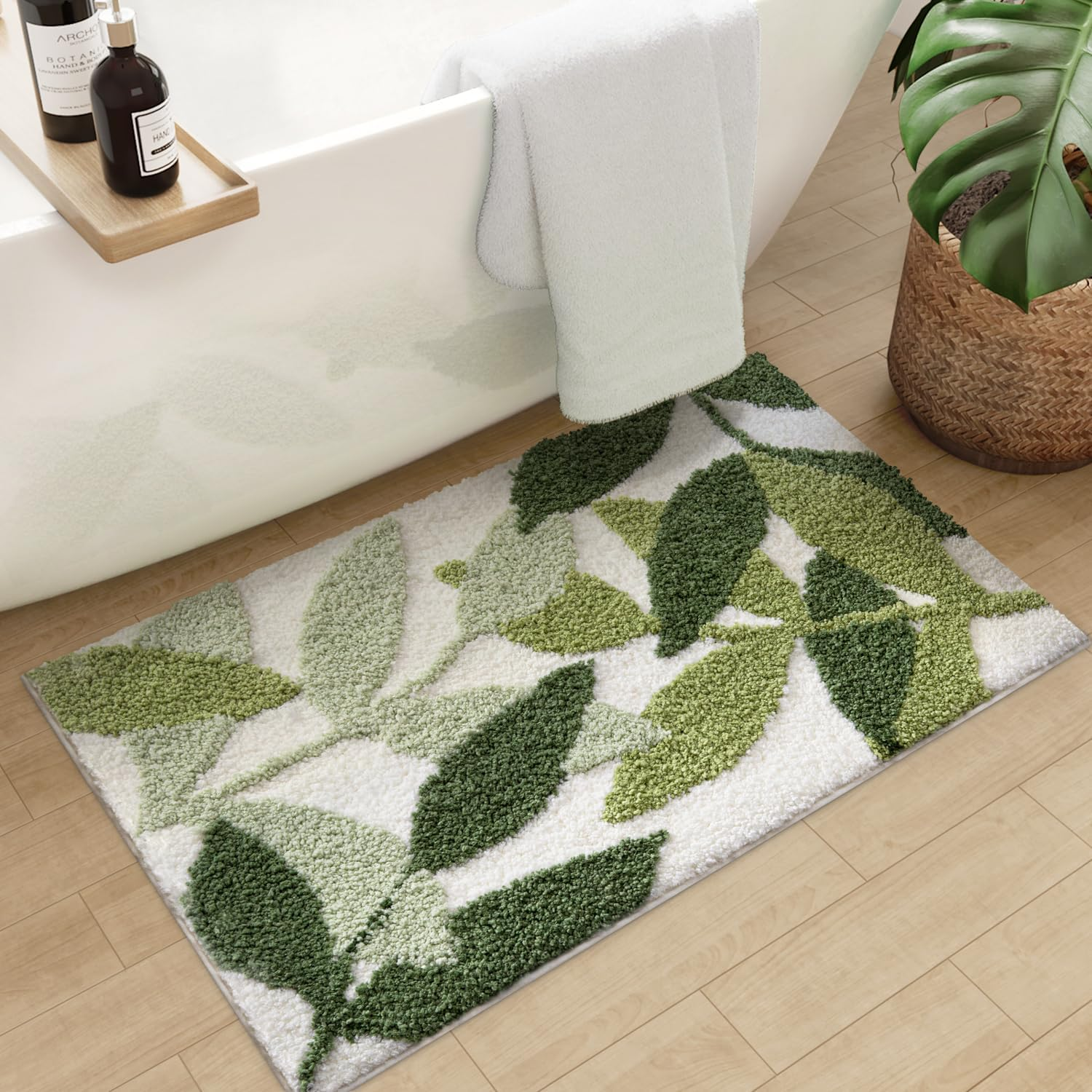DEXI Leaf Bath Mat Green Bathroom Rug, Microfiber Soft Plant Bathmat, Non Slip Absorbent Washable Quick Dry Mats for Shower, 50 X 80CM