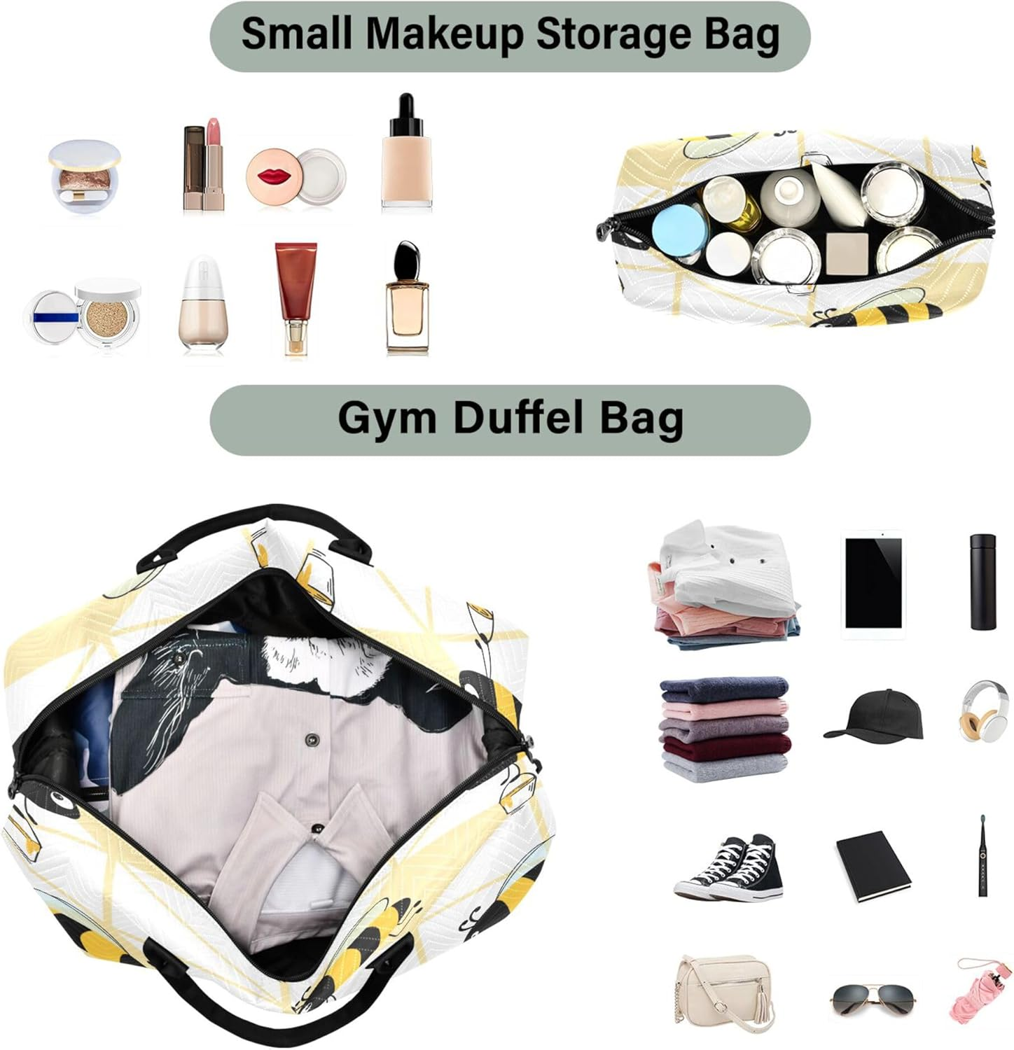 Travel Hand Bag Gym Sports Duffel Bags Travel Weekender Gear Bag with Toiletry Bag for Trip Multifunctional Funny Bees Curved Honey, Multi, 1 Size, Modern/Fitted, Multi, 1 Size, Modern/Fitted