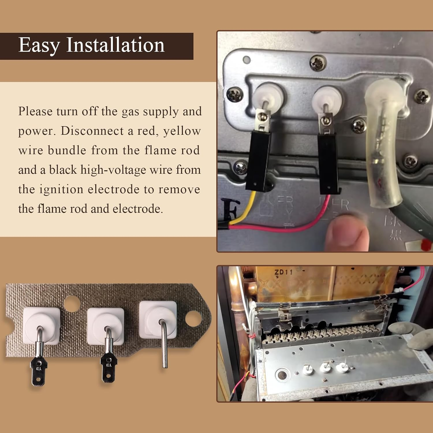 New 104000192-K Flame Rod Electrode Kit, Fit for Rinnai R75 and R94 Tankless Water Heaters, Compatible with Rinnai VB2528FFUD, VB2528WD, KA2530FFUD, KA2530WD, VB2735FFUD, VB2735WD, KA3237FFUD image number 1