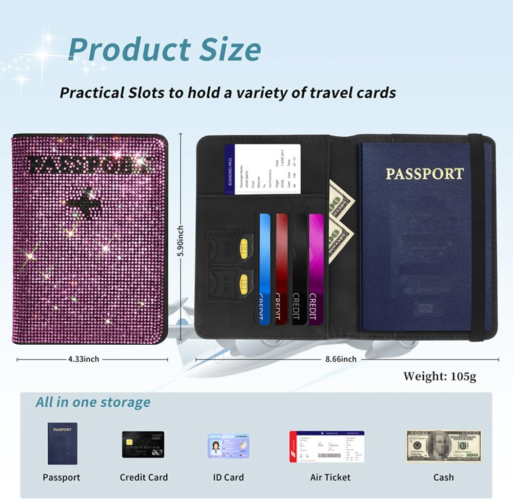 MYHOBBY Shiny Rhinestone Passport Holder Cover Wallet Case Travel Essentials Passport and Vaccine Card Holder,Vacation Travel Accessories for Men Women,Pink image number 6