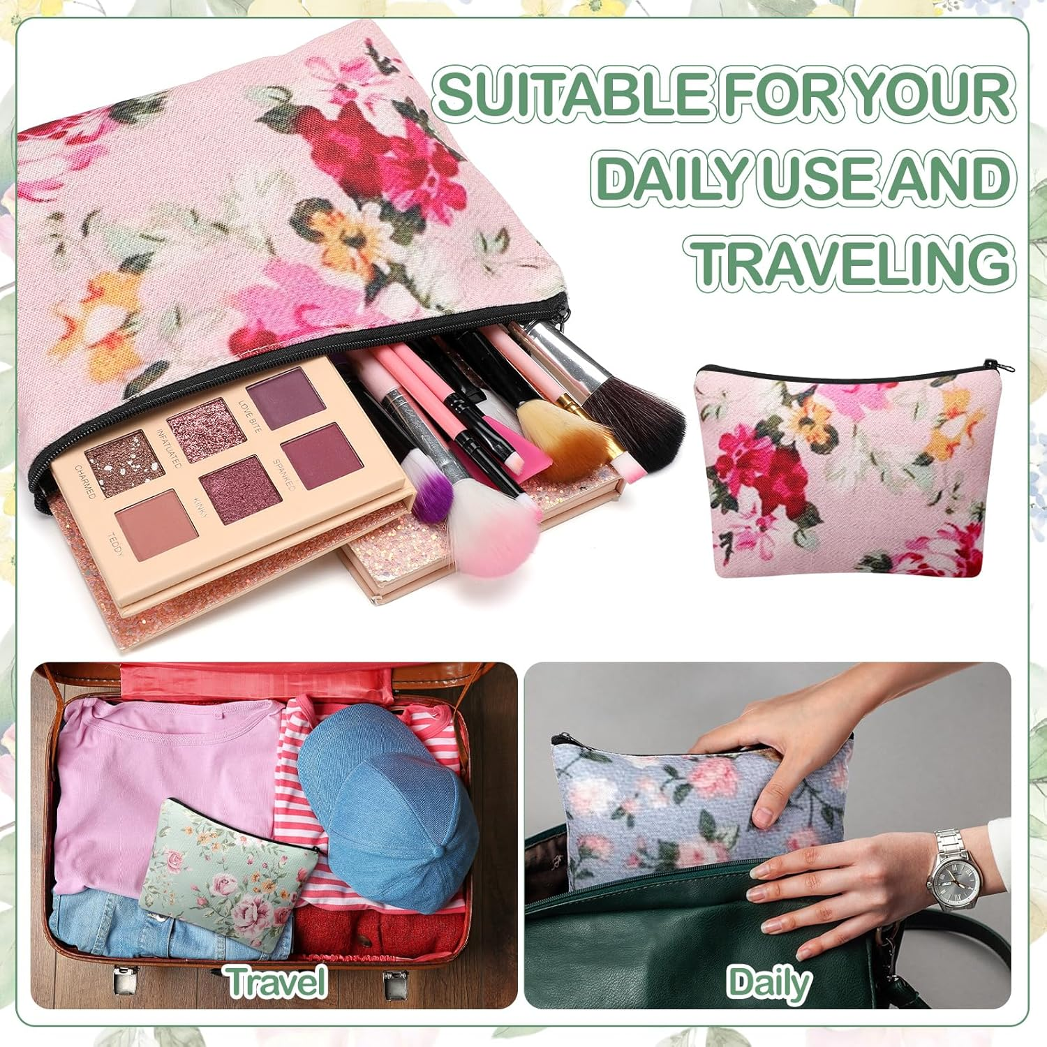 Sanwuta 12 Pcs Vintage Floral Makeup Bags Flower Canvas Zipper Cosmetic Bags Christmas Gifts for Women Reusable Travel Purse for Housekeeping Medical Assistant Organizer Storage Supplies Party Favors