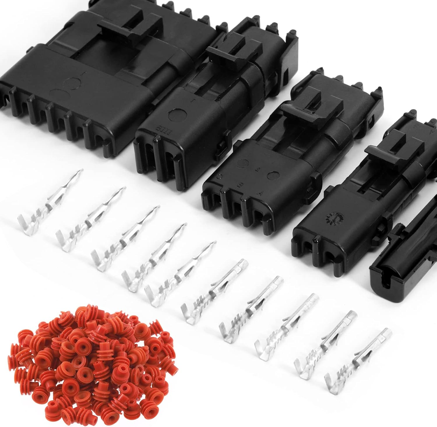 Swpeet 60Pcs 2Pin Male & Female Pin Waterproof Automotive Electrical Wire Connectors Terminals Plug with Rubber Cable Seal Assortment Kit, 22-14AWG Wire Harness Spark Plug Terminals Plug image number 5