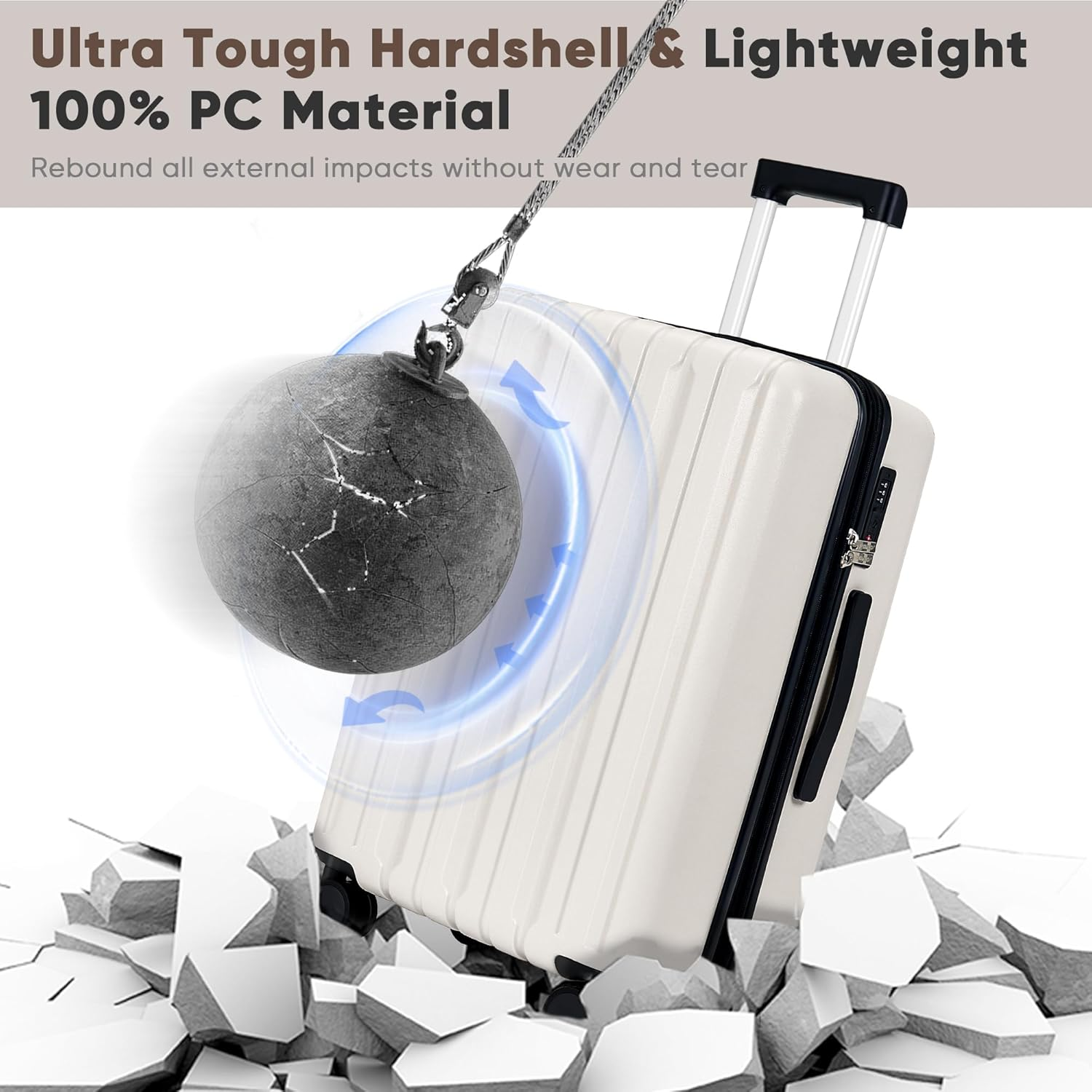 SHOWKOO Luggage Sets 3 Piece 100% PC Ultra Tough Hardside Expandable Suitcases Sets with TSA Approved Lock Double Spinner Wheels (20In/24In/28In, White - Blue image number 5