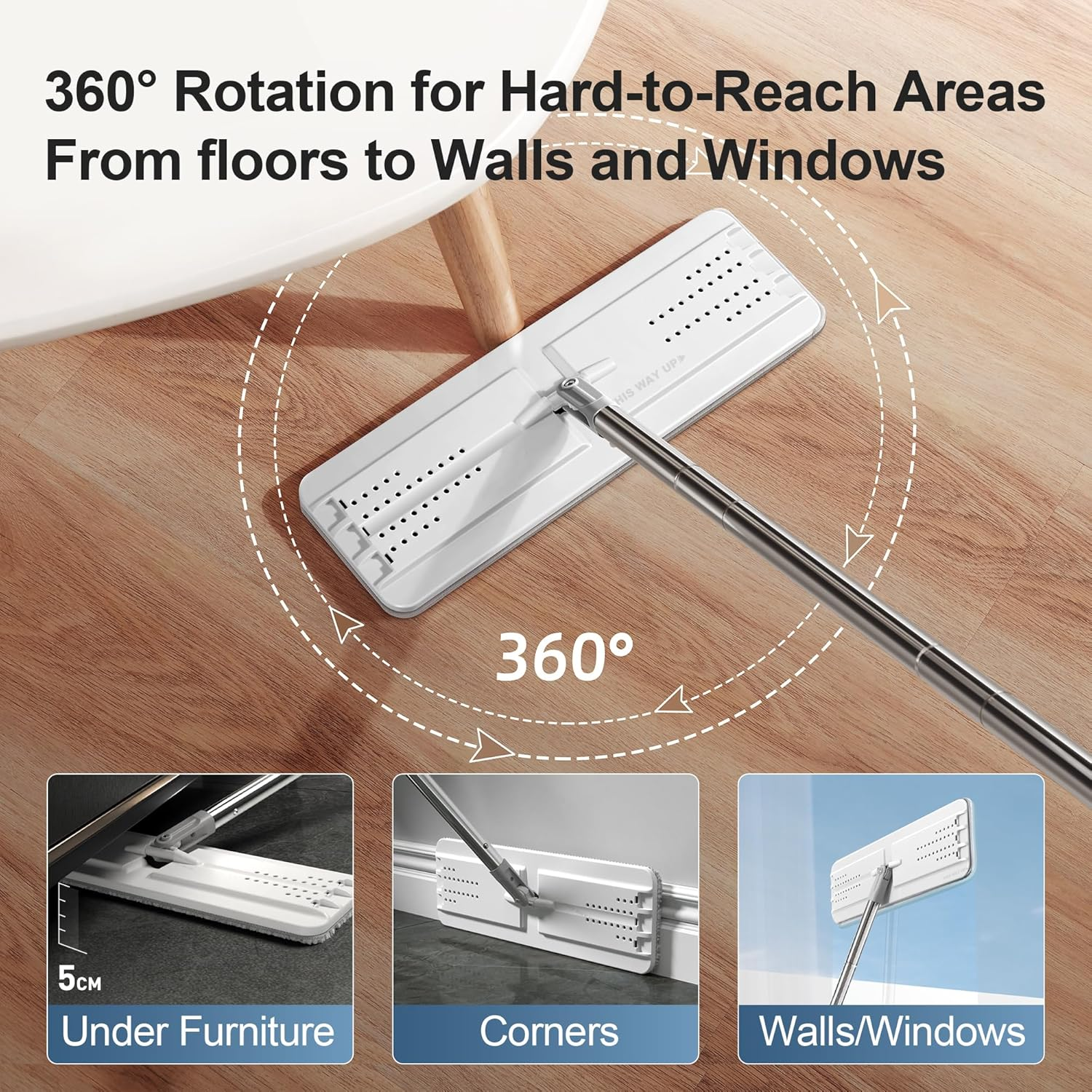 JOYMOOP Mop and Bucket Set with Wringer, Dust Mops for Floor Cleaning, Wall Cleaner with Long Handle, Microfiber Mop - White Bucket with 3 Reusable 15" Microfiber Pads