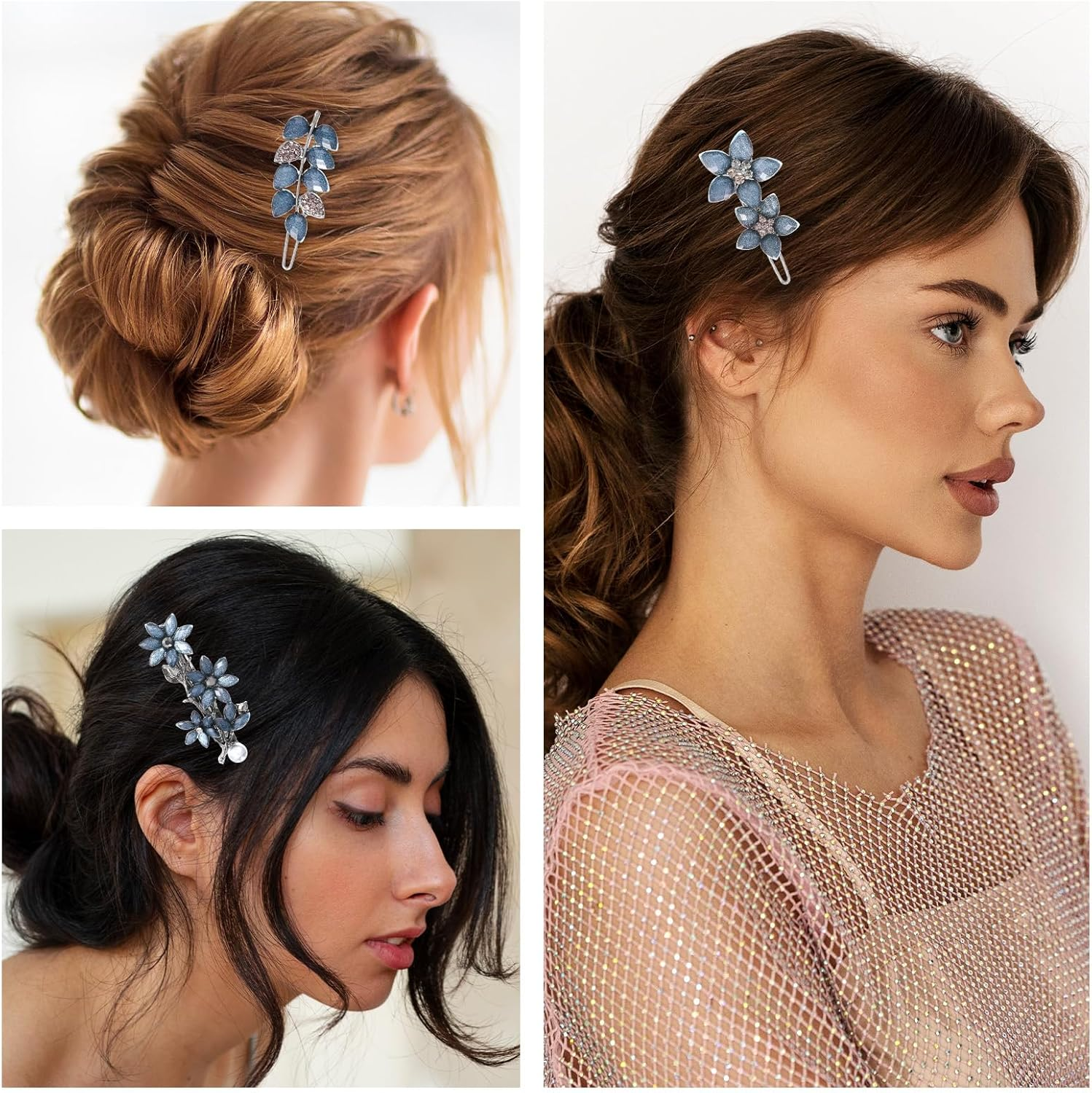 3 PCS Vintage Rhinestone Hair Clips, 2 Inch Ink-Blue Sparkly Crystal Flower Small Hair Barrettes Fancy Decorative Hairpin Wedding Hairs Accessories for Women Girls Bride Engagement Prom Valentines image number 1