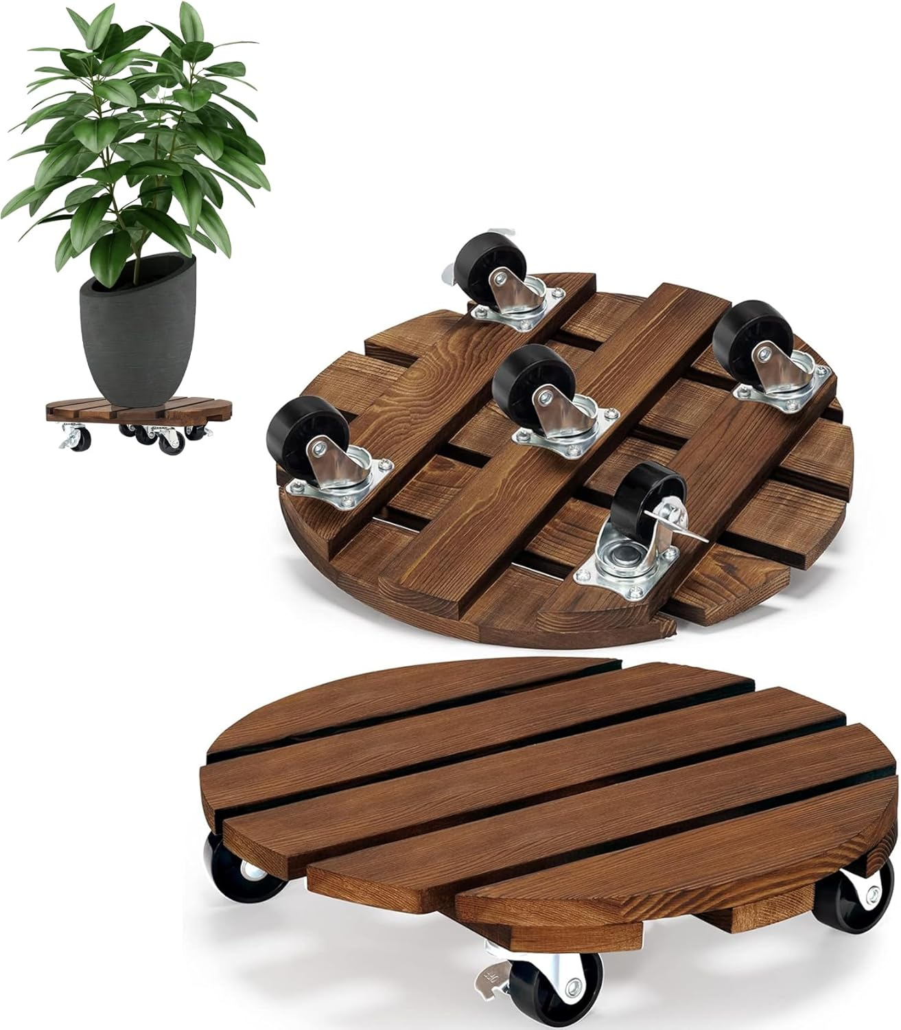 2Pack Plant Caddy, Wood Rolling Plant Stand with 360&deg; Lockable Caster Wheels, Pot round Caster for Indoor and Flower Succulent Pots Outdoor Use, 30*30*8Cm image number 6