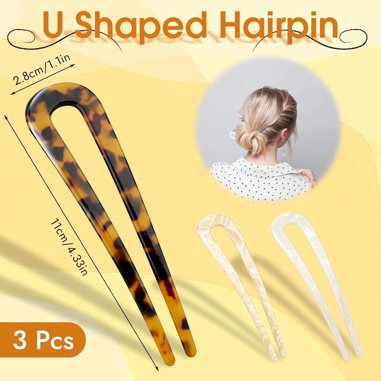 French Hair Pin 3 Pieces, U Shaped Hairpin, Acrylic Hair Pins, Large, 2 Prong Hairpin Updo for Women, Girls, Women image number 2