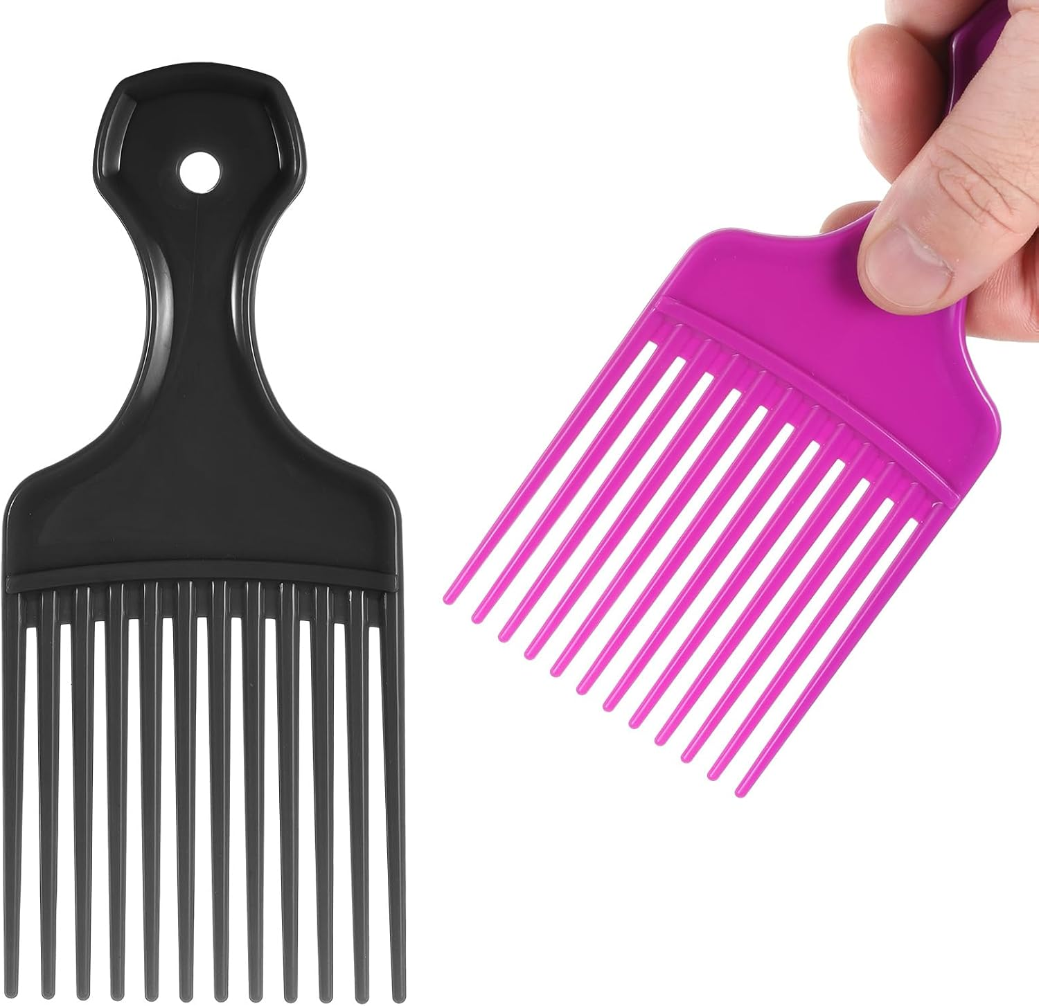 Hair Picks for Women, 2 Pcs Wide Tooth Afro Pick Plastic Pick Comb Hairdressing Styling Tool for Women and Men Curly Hair Detangling (Black, Purple) image number 4