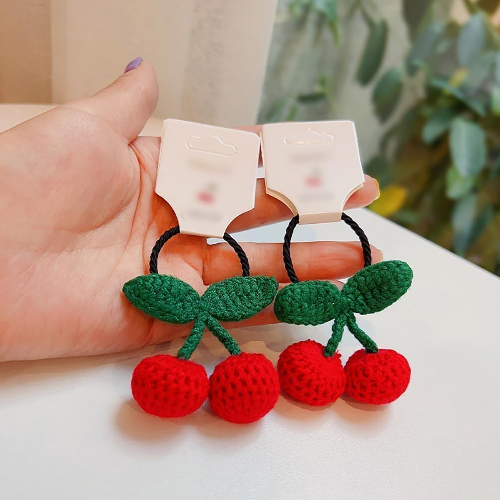4 Pcs Red Sweet Cherry Hair Clips and Hair Ties Handmade Crochet Fruit Hairpins Hair Barrettes Cute Hair Accessories for Women Girls, Hair Styling Accessories image number 1