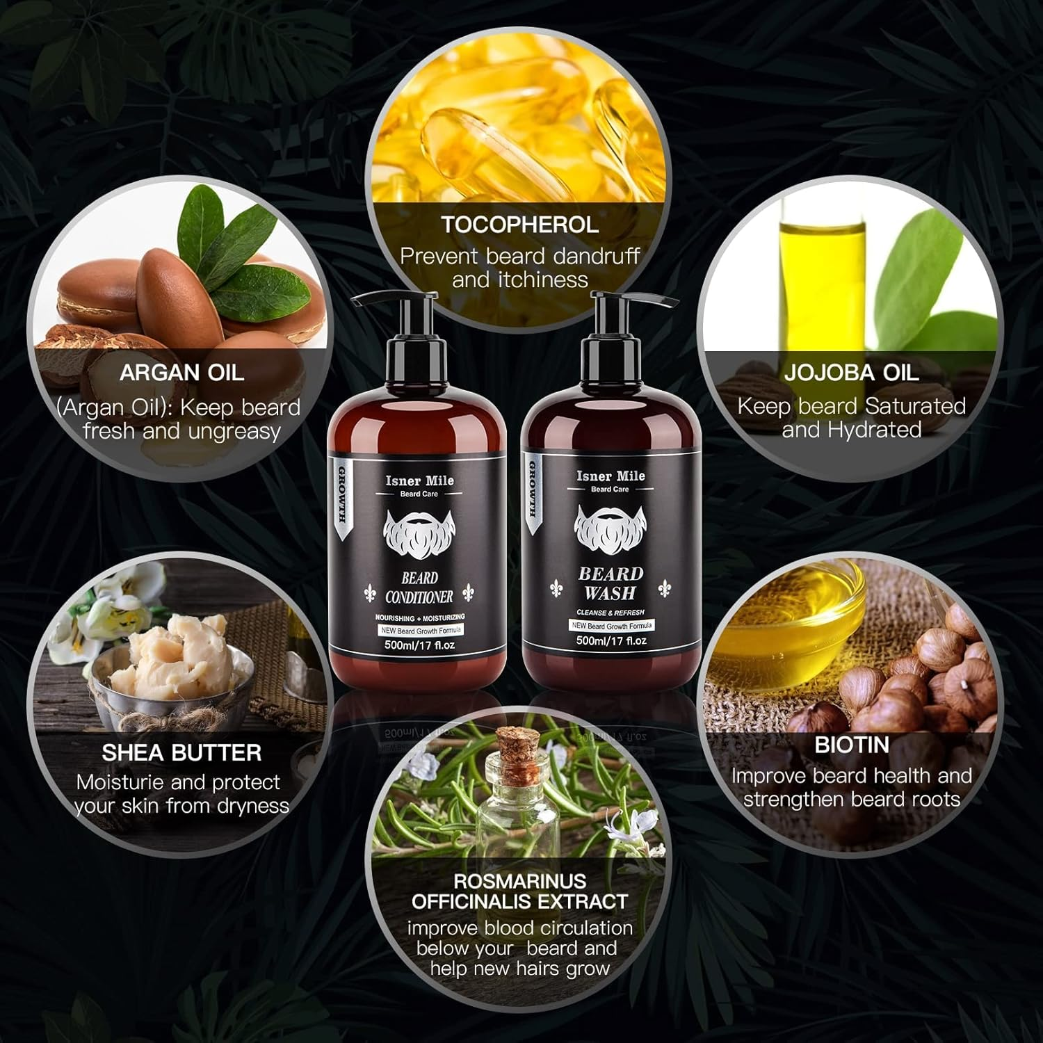 ISNER MILE Beard Wash and Conditioner Set 17 Oz New Formula with Biotin Argan & Jojoba Oils Smooth Soften Strengthen Shampoo with Oil Gifts for Men image number 6