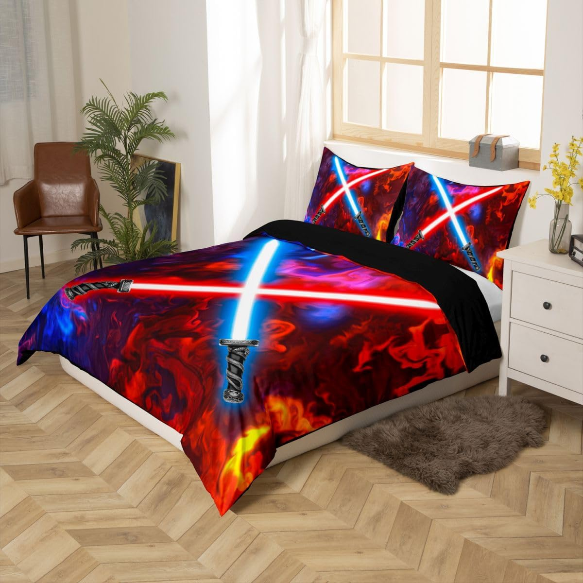 Feelyou Lightsaber Duvet Cover Lightning Red Blue Smokey Galaxy Bedding Set Future Technology Comforter Cover for Boys Girls Children Teens Bedroom Decor Bedspread Cover King Size with 2 Pillow Case image number 1