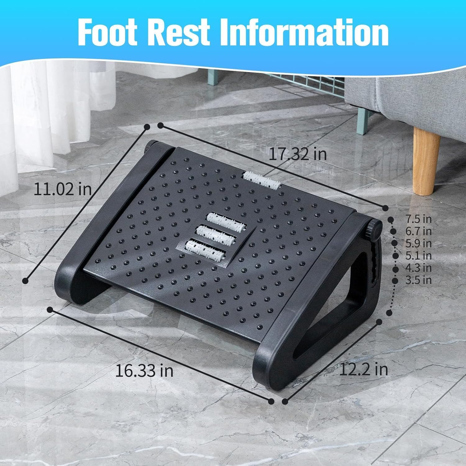 Foot Rest under Desk Ergonomic - 6 Height Adjustable, Manual Massage Rollers, Premium Vinyl Cover & Sturdy Plastic Frame for Home Office & Gaming