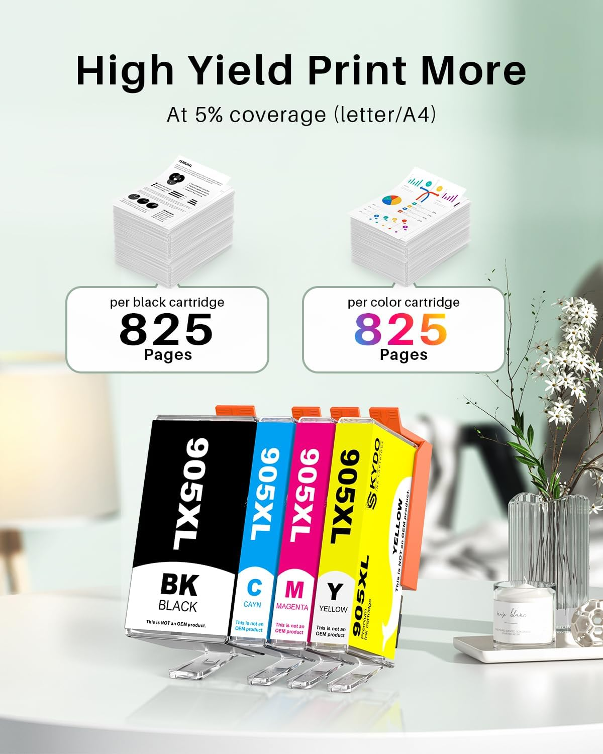 905XL Ink Cartridges Combo Pack High Yield Replacement Compatible for 905XL 905 XL Works with Officejet Pro 6950 6956 6960 6970 6978 6968 6974 6975 Printer（Bk/C/M/Y，4 Pack）