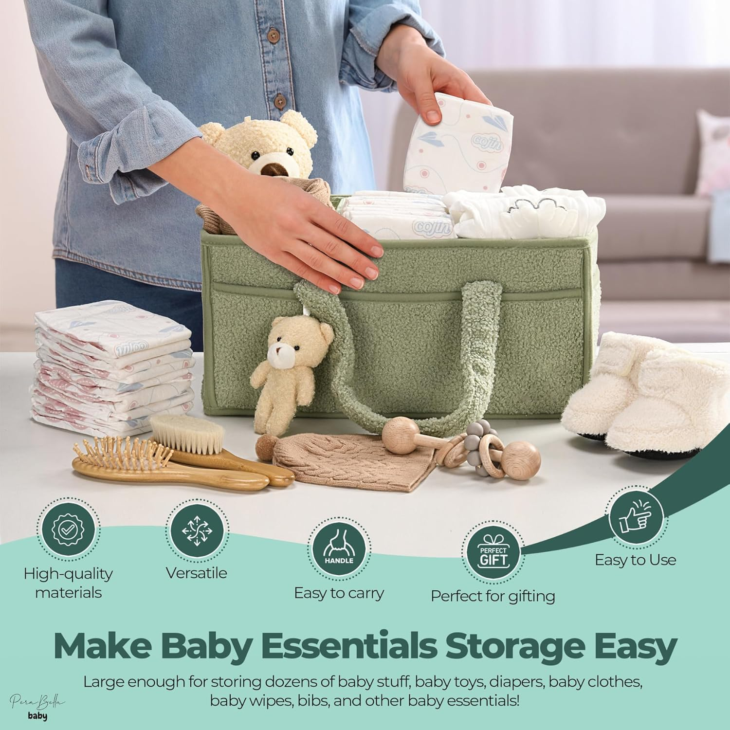 Baby Nappy Caddy Diaper Caddy Organizer, Baby Storage Basket for Diapers and Wipes (Green, with Bear) image number 1