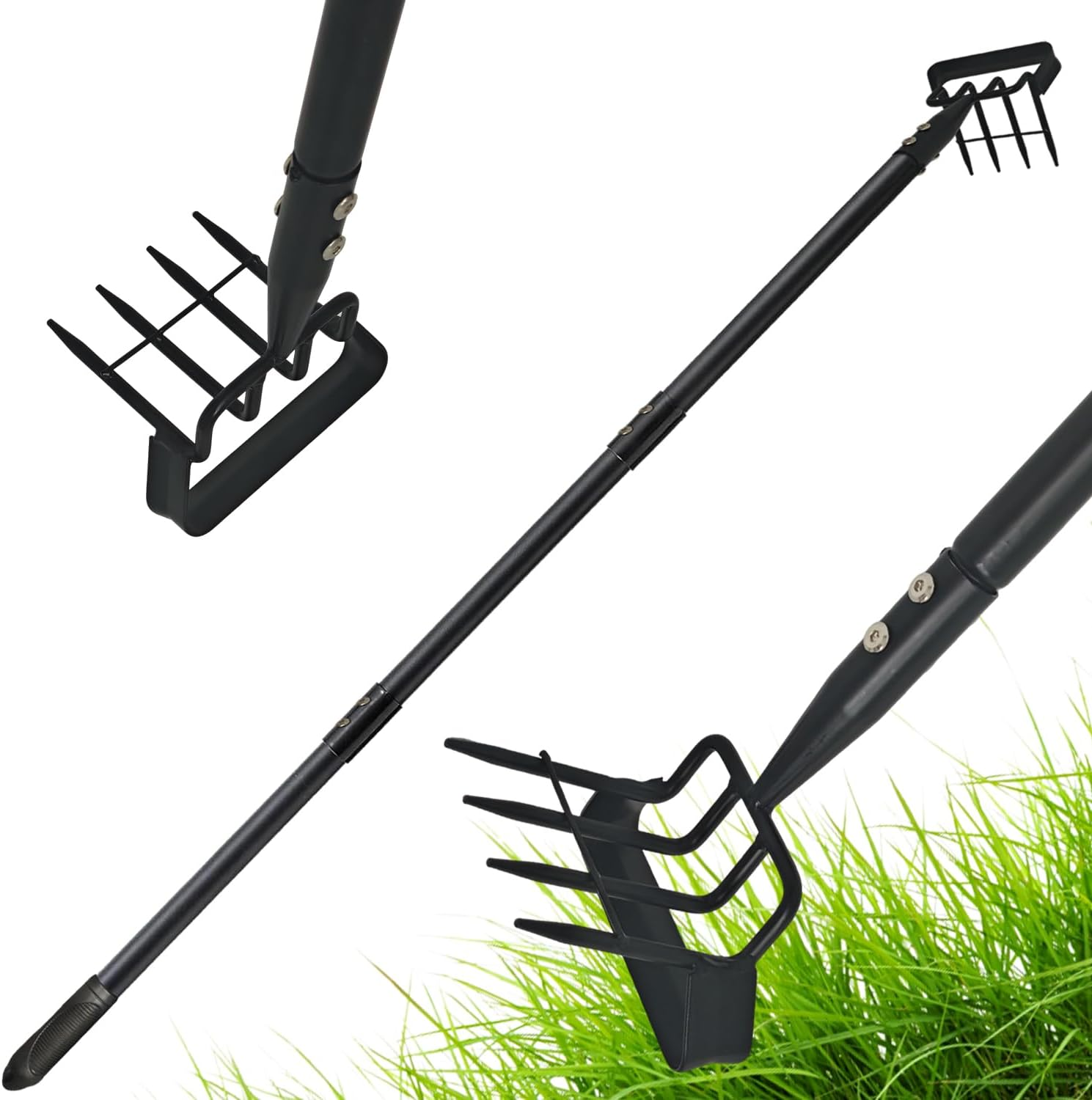 Premium Stirrup Hoe with Adjustable Handle 30-62 Inch, Hula Hoe & Garden Cultivator with Rake for Weed Removal in Flower Beds & Vegetable Gardens