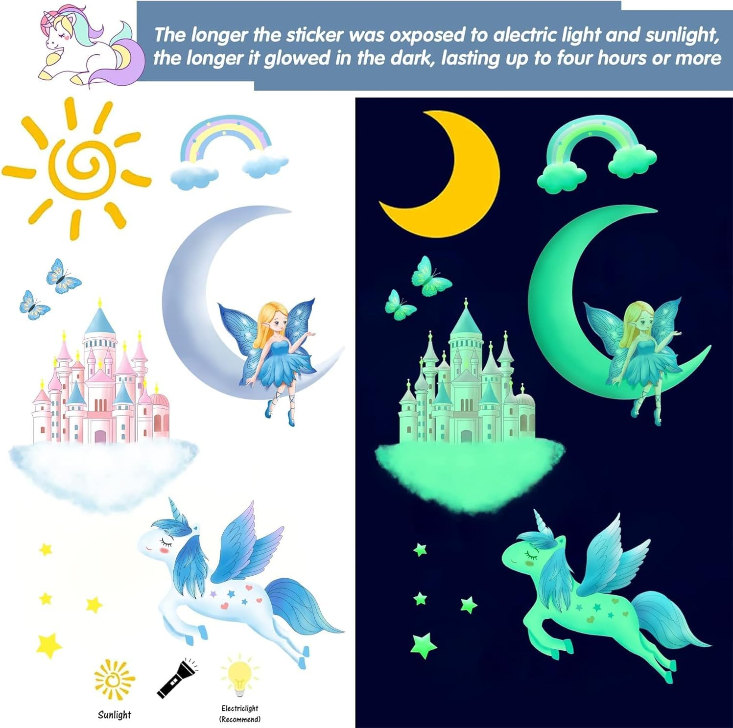 Glow in the Dark Stars for Ceiling,Unicorn Wall Decals Stickers for Girls Bedroom Glow in the Dark Stickers Vinyl Unicorn Castle Room Wall Decor for Baby Kids Girls Nursery Playroom Mural image number 5