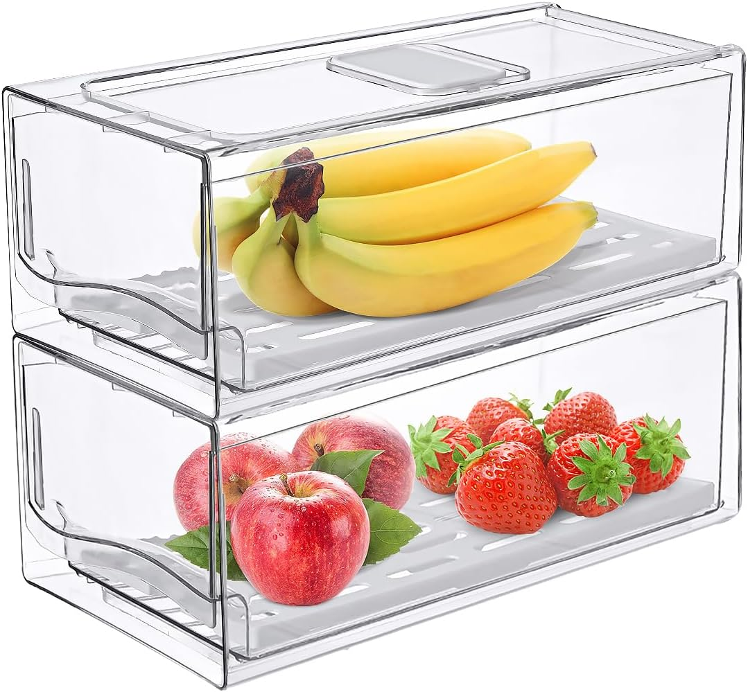 Anshine 2 Pack Clear Fridge Organizer,Pull Out Stackable Fridge Organiser with Lids、Draining Tray and Drawer, Storage Containers with Ventilation System for Kitchen Organization (2 Pack Large Size)