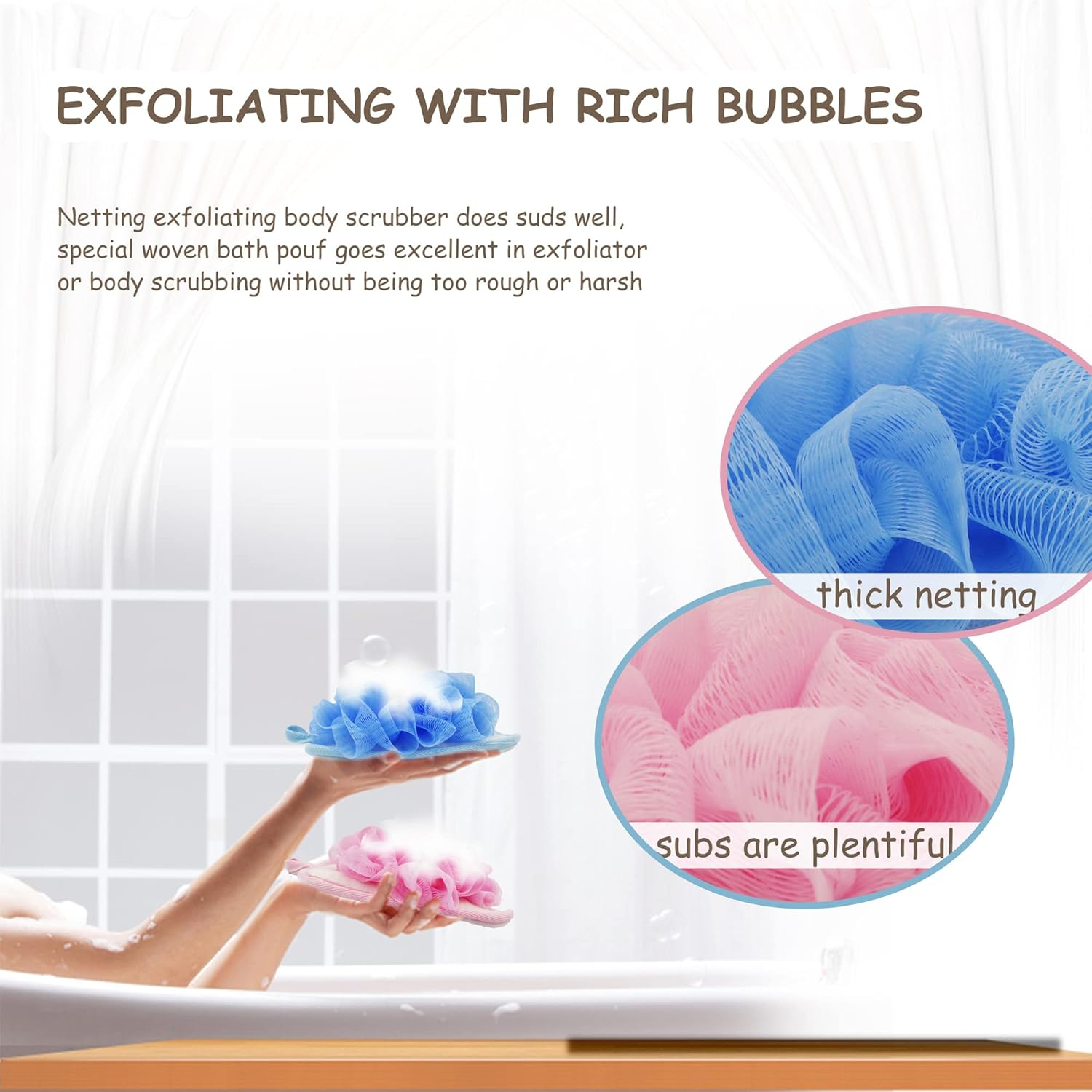 Bleu Bath (2 Pack) Exfoliating Bath Sponge Body Loofah Mitt Pad Shower Pouf Elastic Hand Strap Mesh Sponge Shower Scrubber image number 3