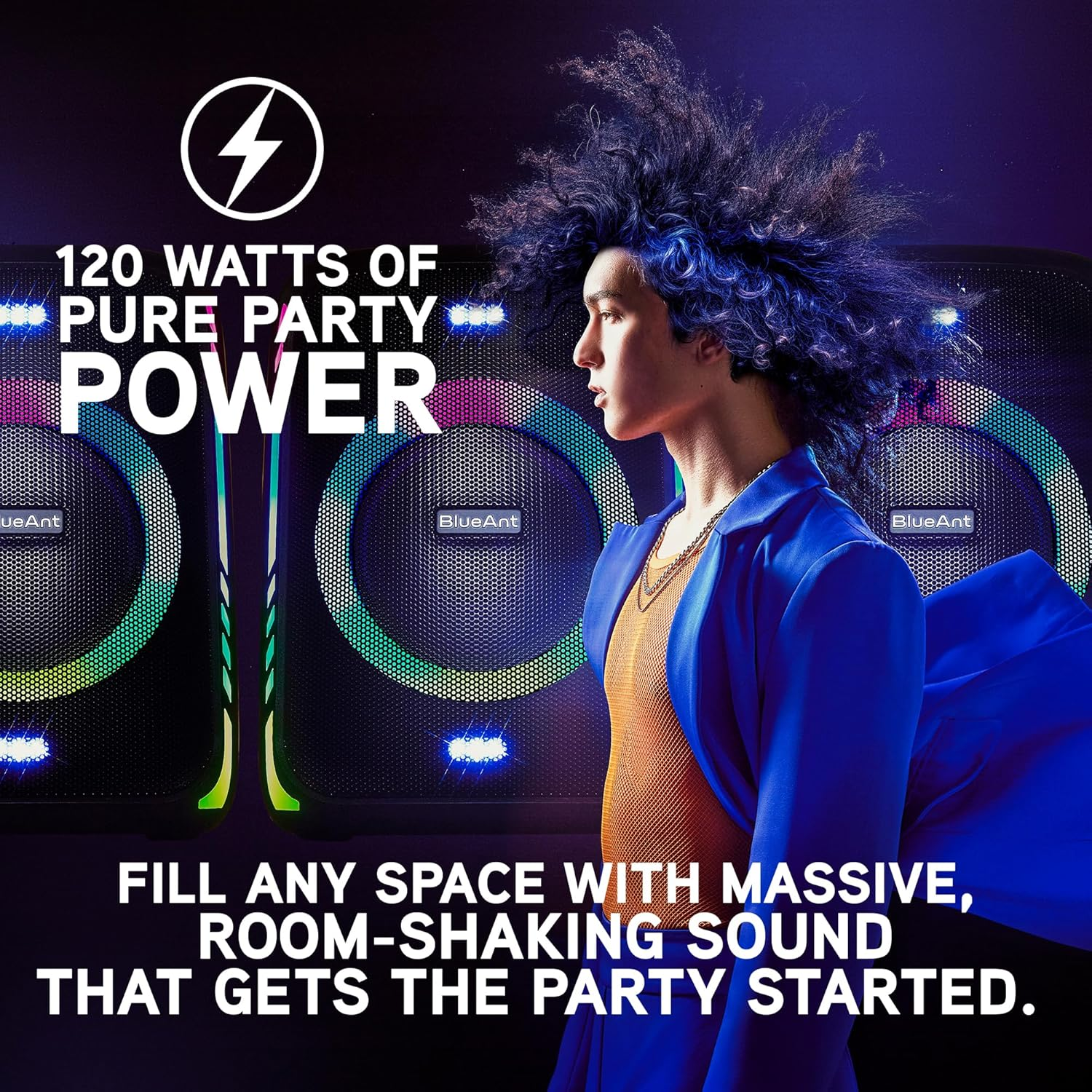 Blueant X5I 120W Bluetooth Party Speaker, Powerful Bass Boost with Dual Wireless Microphones for Karaoke, LED Light Show, Long Battery Life, Built-In Powerbank for Parties and Events, Black image number 5