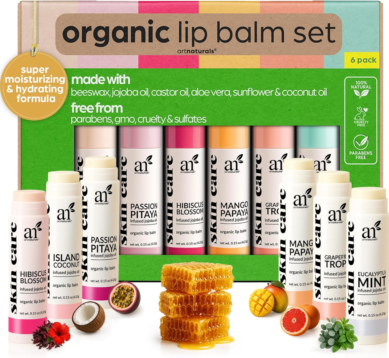 Artnaturals Natural Lip Balm Beeswax - (6 X .15 Oz / 4.25G) - Gift Set of Assorted Flavors - Chapstick for Dry, Chapped & Cracked Lips - Lip Repair with Aloe Vera, Coconut, Castor & Jojoba Oil image number 1