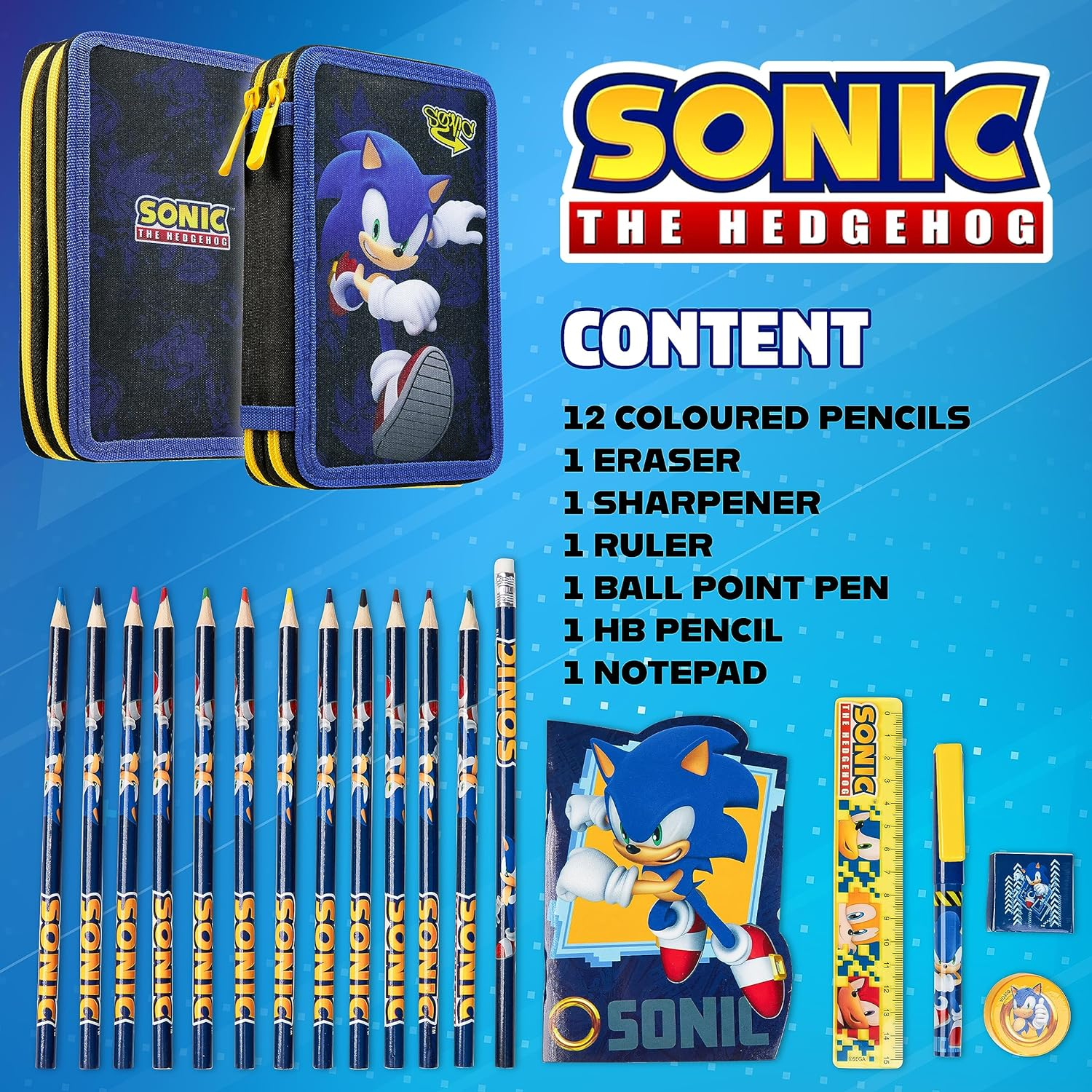 Sonic the Hedgehog Children'S Pencil Case Filled Pencil Case 2 Compartments Pencil Case with Contents School with Coloured Pencils Boys image number 1