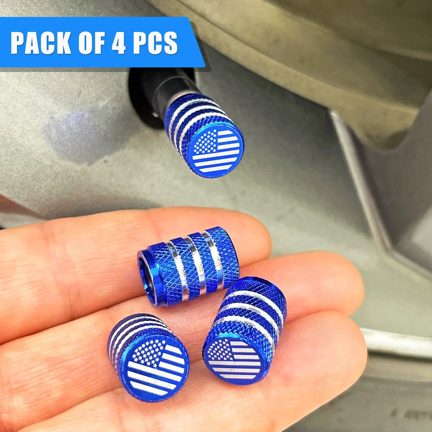 Blue Valve Stem Covers Aluminum Tire Valve Caps with Plastic Liner American Flag Valve Stem Caps, Corrosion Resistant, Universal for Car Truck Motorcycle Bike (4 Pack) - Black image number 4