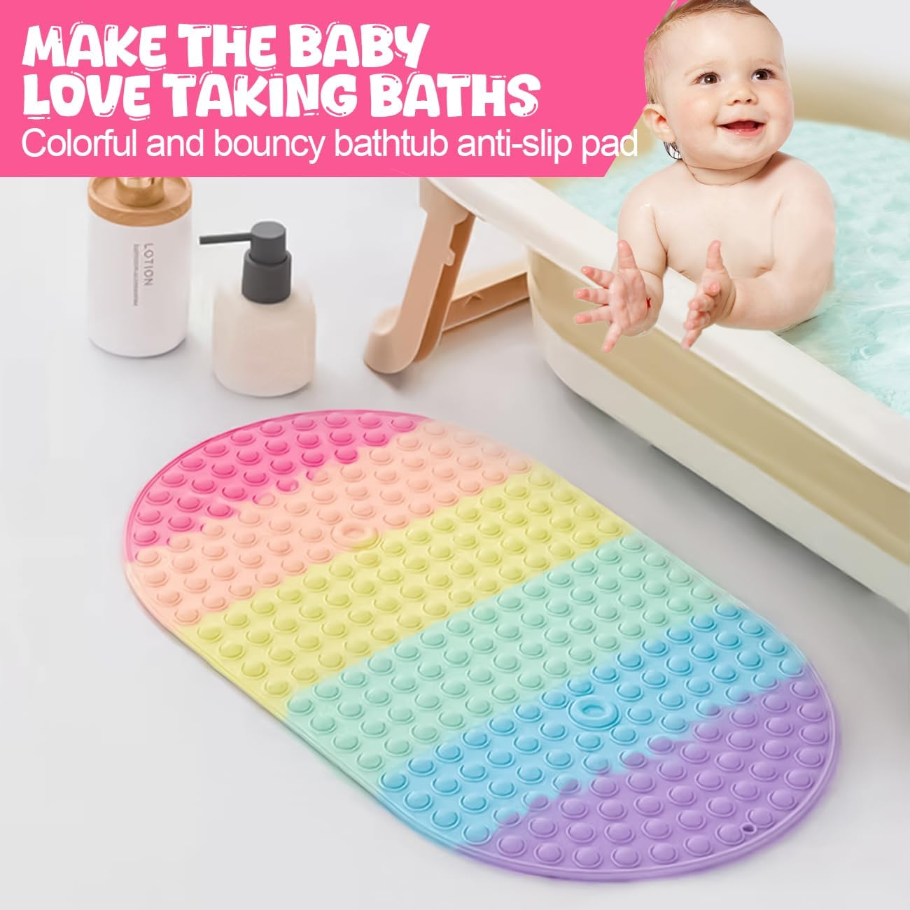 Non Slip Bath Mat for Tub,Oval Silicone Bath Mats for Boys & Girls,27 X 15 Inches Bathtub Mat with Push Pop Bubbles,Machine Washable Shower Mat for Bathroom/Wet Floor/All Ages,Colourful image number 4
