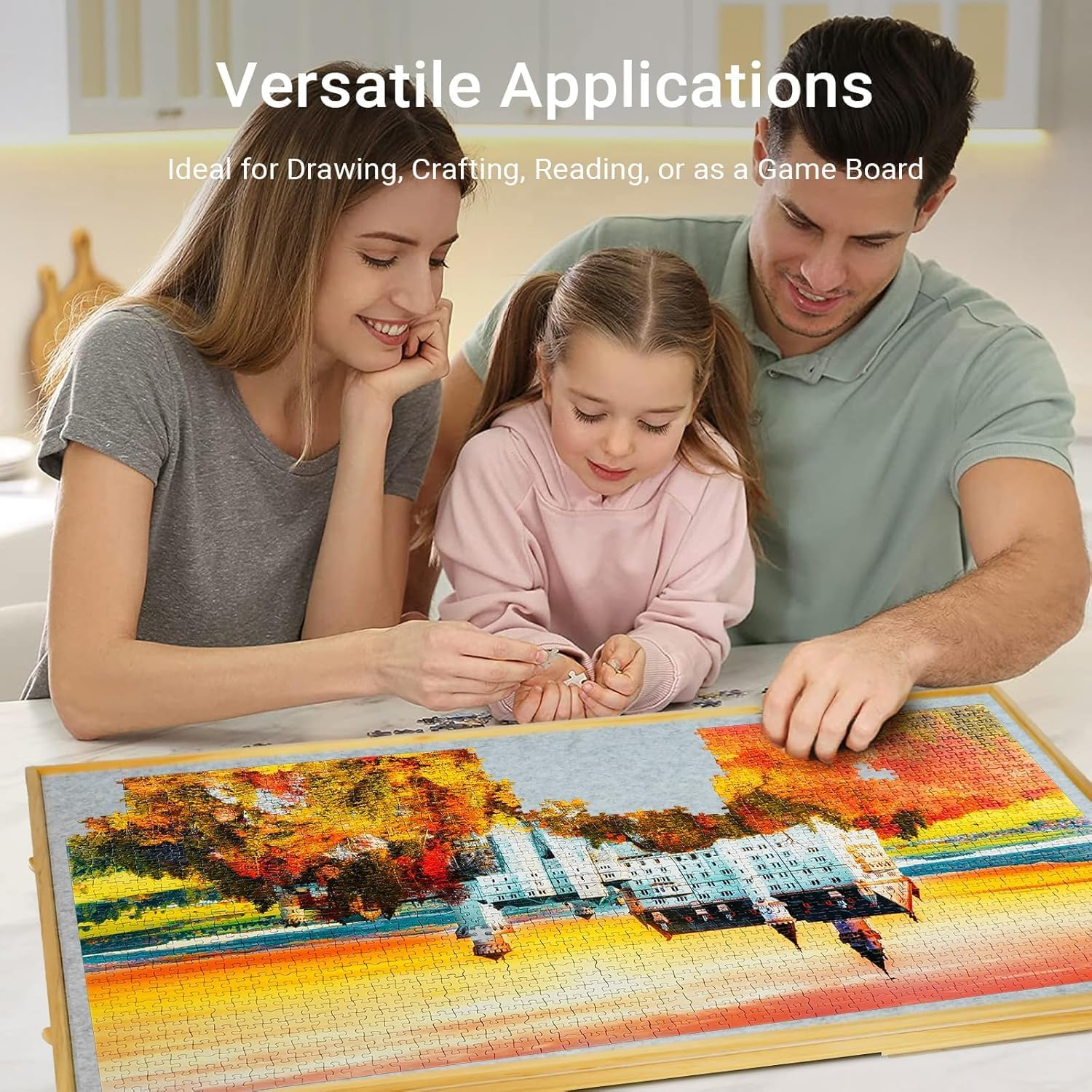 USOR 2-In-1 Rotating & Tilting Puzzle Board for 1500 Pieces, 92X65Cm Wooden Jigsaw Puzzle Table with Drawers, Cover, Lazy Susan, Non-Slip Suede Surface & 4 Sorting Trays, Adults, Varnished image number 5