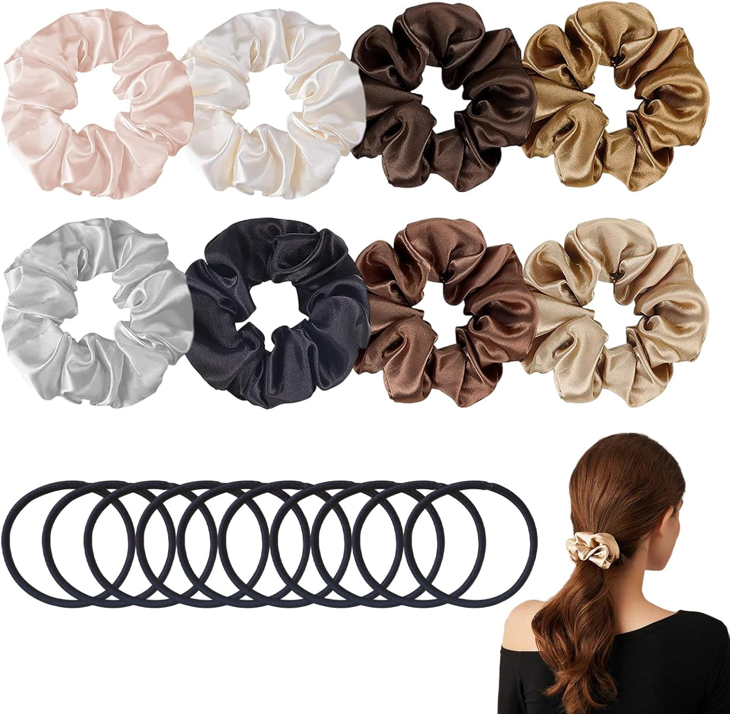 Pack of 18 Elastic Silk Brown Hair Bobbles, Satin Dark Hair Bobbles, Scrunchies Set, 4 Mm Black Stretch Hair Bands, Ponytail, Classic Large Silk Hair Scrunchies for Girls, Mother, Friends image number 6