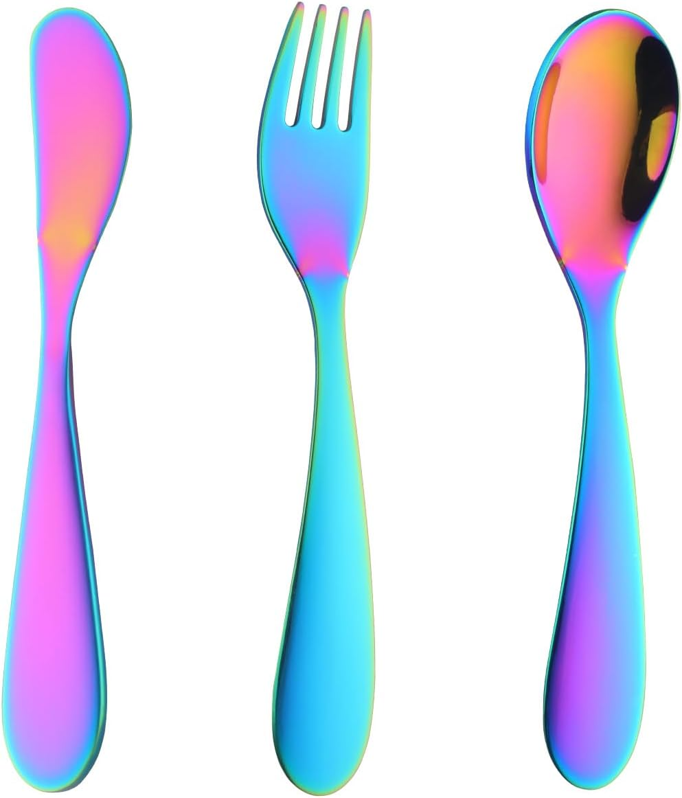 Children Cutlery Set Metal, 3 Pcs Stainless Steel Kids Flatware Set with Knife/Fork/Spoon, Todler Silverware Healthy & Mirror Polished, Dishwasher Safe (Black)