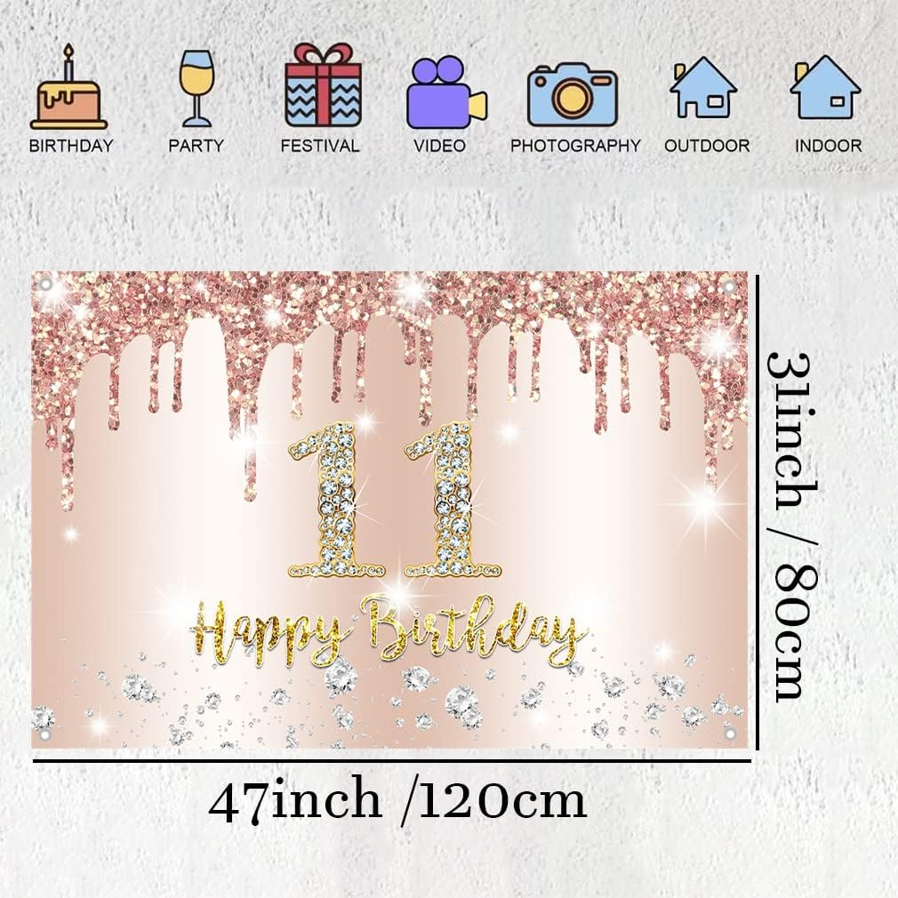 11Th Birthday Girl Decoration, 11Th Birthday Banner Rose Gold, 11Th Birthday Fabric Sign Poster, 11Th Birthday Background Banner Girl Birthday Party Decor image number 2